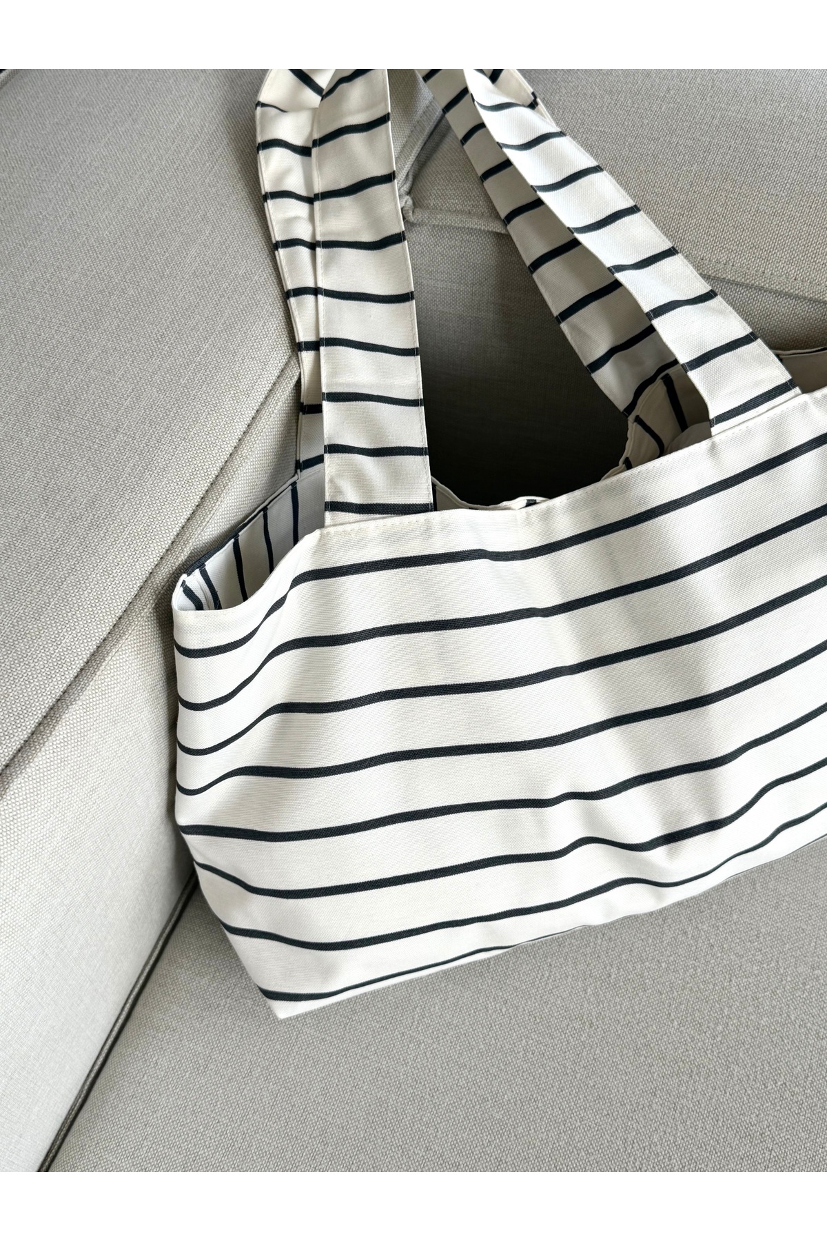 LUNAFEL  Antrasit Çizgili Kanvas El Kol Omuz Çantası - Su Geçirmez Kumaş - Tote Bez El Kol Ve Omuz Çantası - Görsel 5
