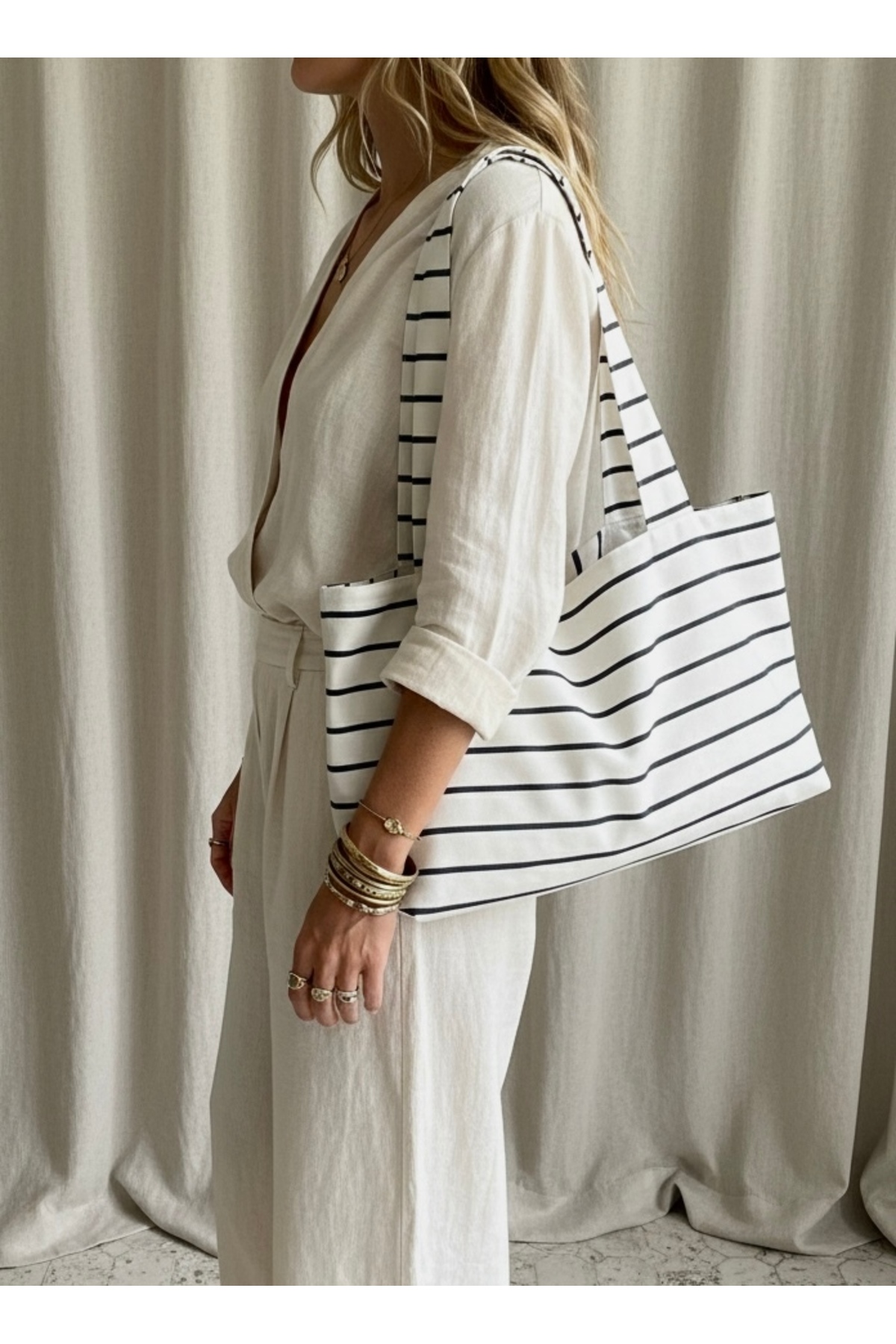 LUNAFEL  Antrasit Çizgili Kanvas El Kol Omuz Çantası - Su Geçirmez Kumaş - Tote Bez El Kol Ve Omuz Çantası