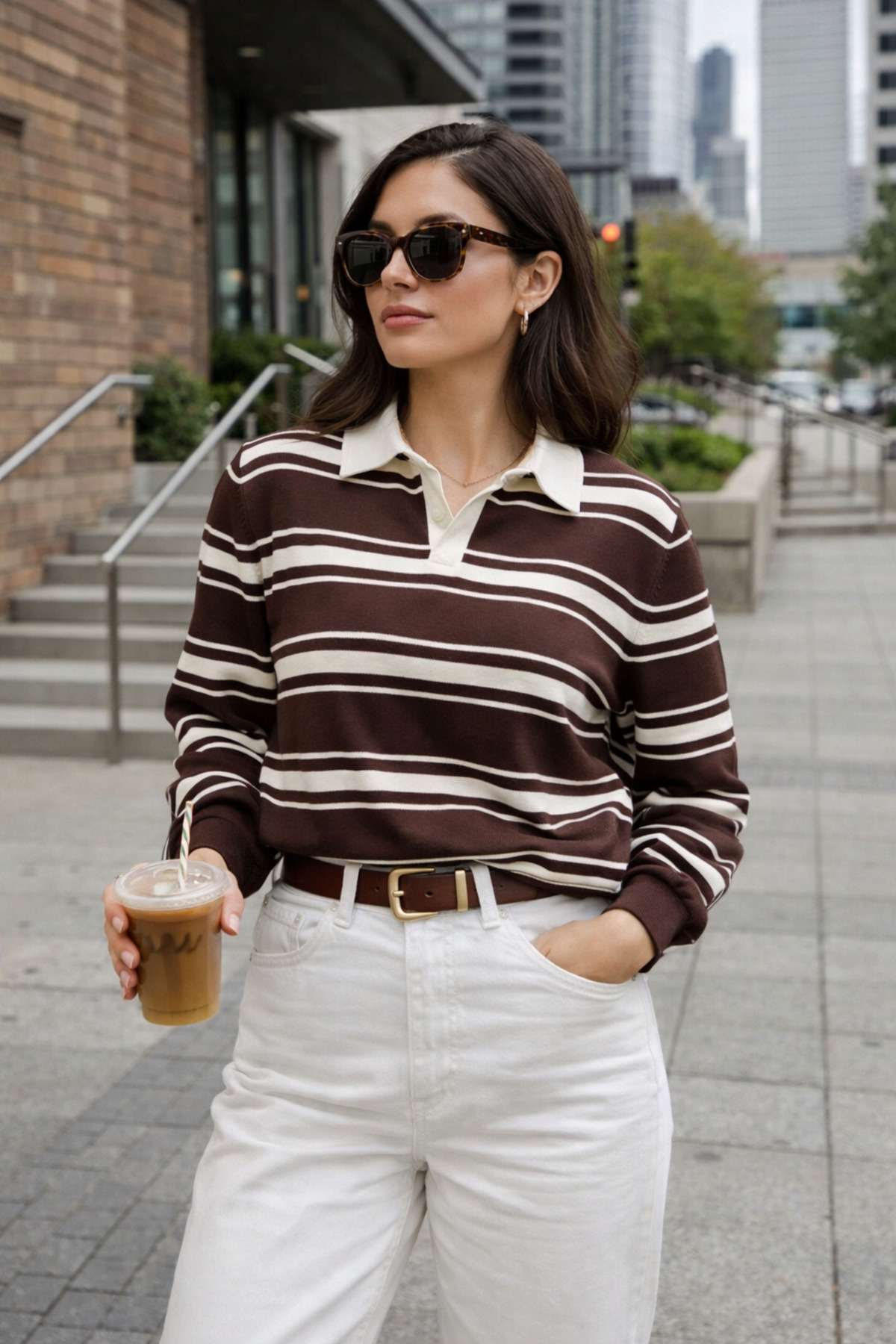 Gülce moda  Düğmeli Polo Yaka Çizgili Oversize Triko Kazak