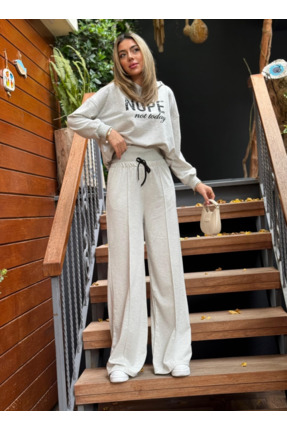 FarkStore Kadın Uzun Kollu Nope Baskılı Beli Ribanalı Ikili Takım