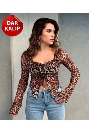 Moda Banuş Leopar Fantazi Tüllü Dar Kalıp Büzgülü Bluz