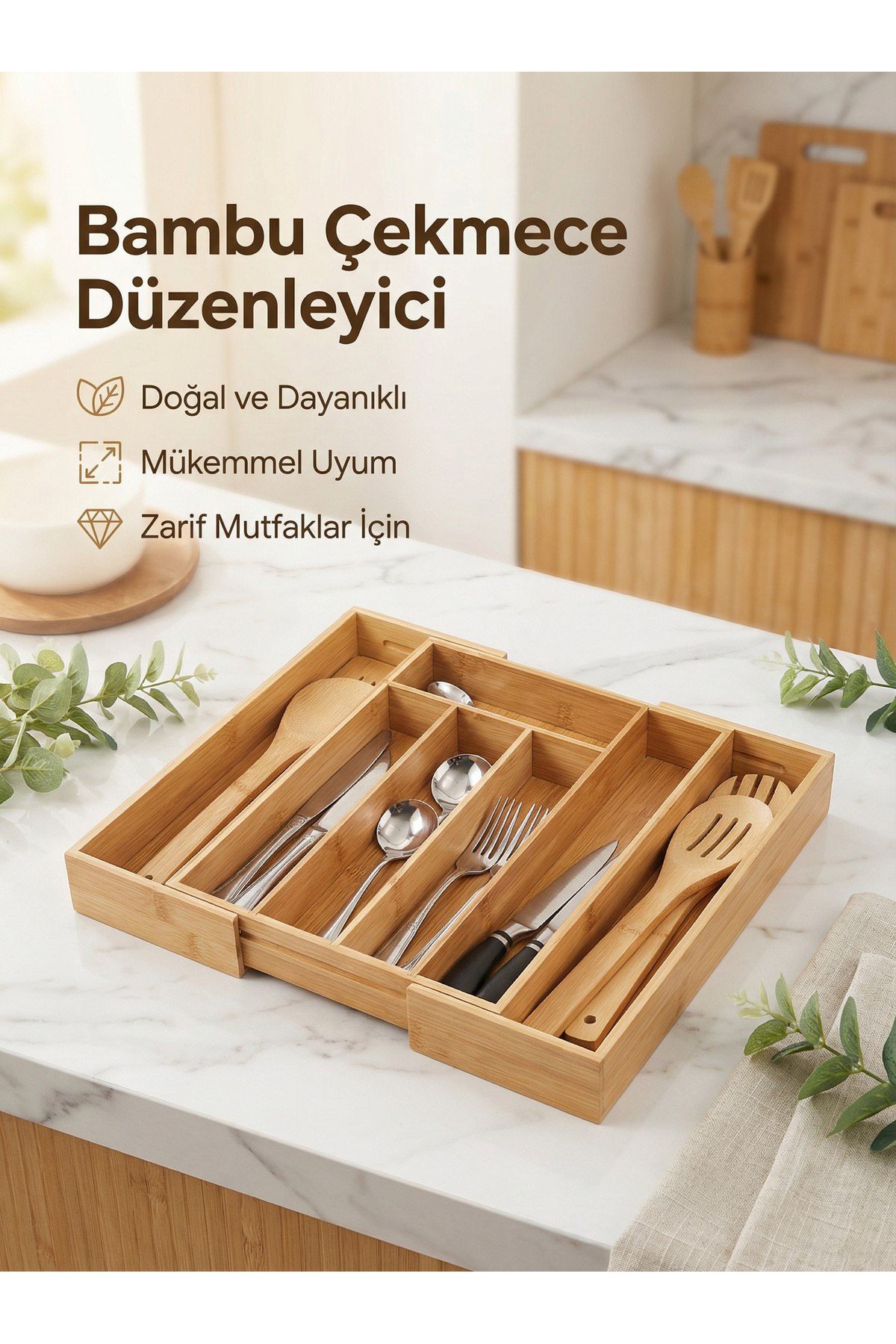 Bamboo Adjustable (LARGE SIZE) In-Drawer Adjustable Spoon Holder with 5-7 Compartments, Organizer