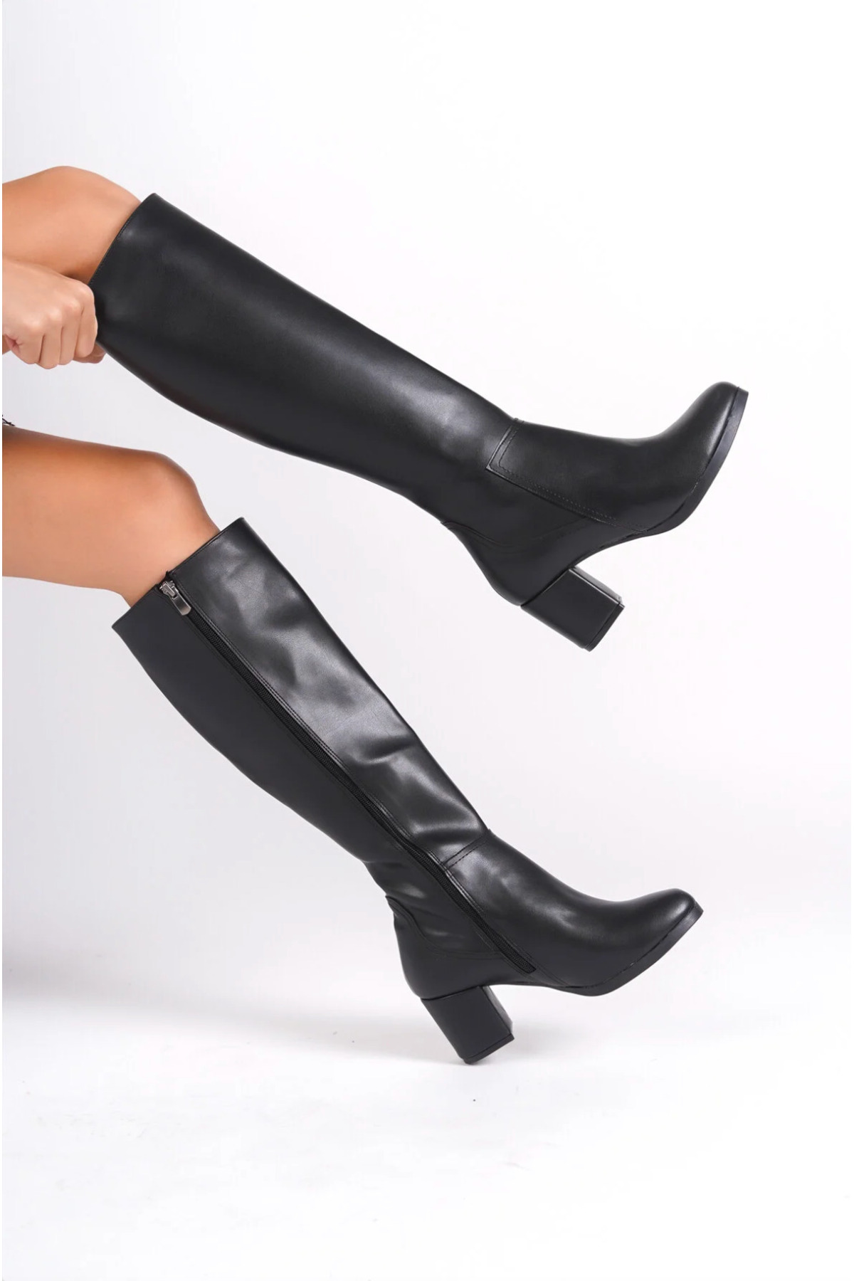 Brs MBZFR5012D-S Dámske čierne dlhé čižmy na zips s 6 cm blokovým podpätkom