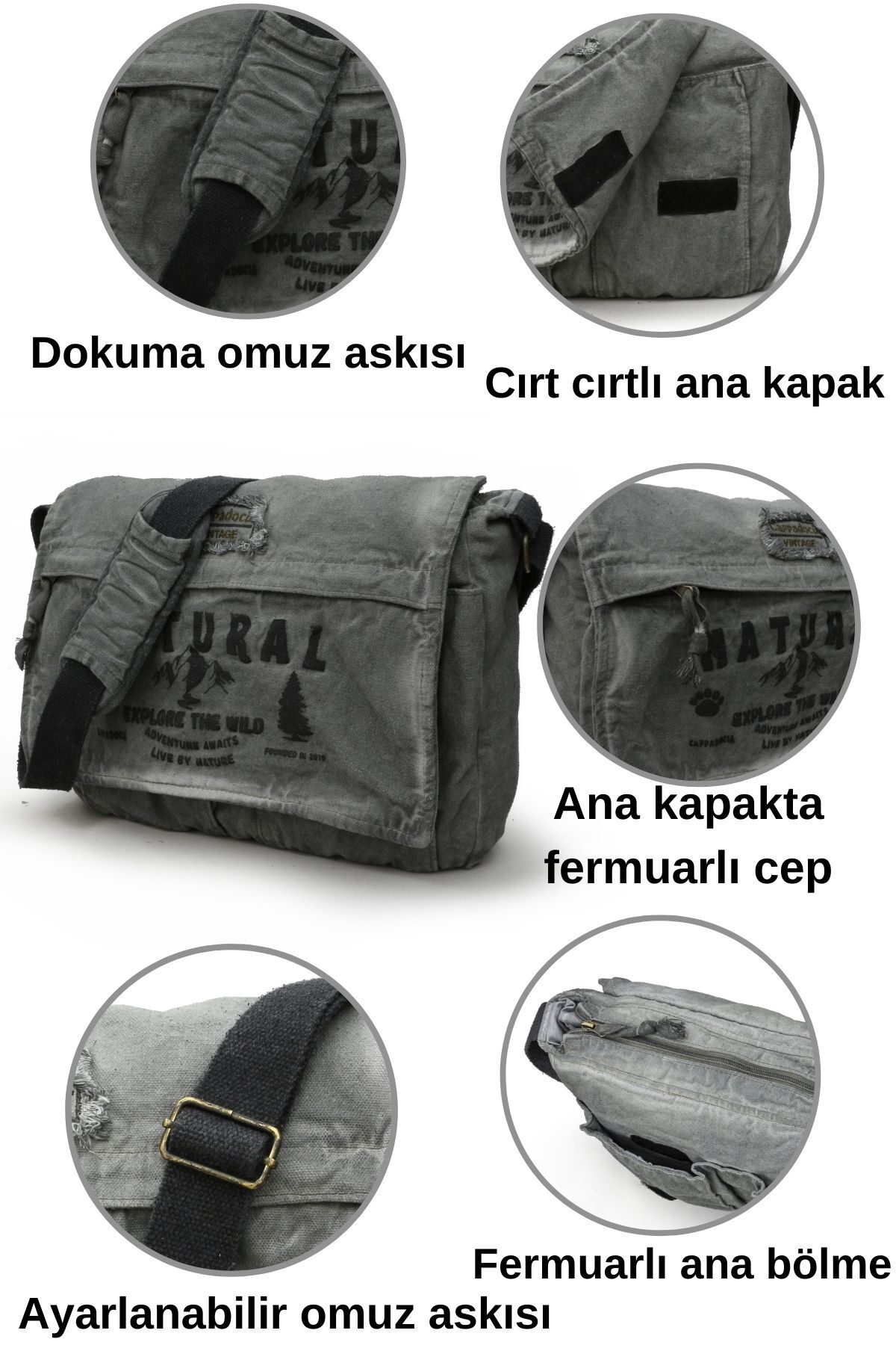 Cappadocia Vintage 4028 Gri Salaş Omuz Çantası Pamuk Kanvas Postacı 15.6 Laptop Okul Seyahat Günlük Vintage Retro görsel 4