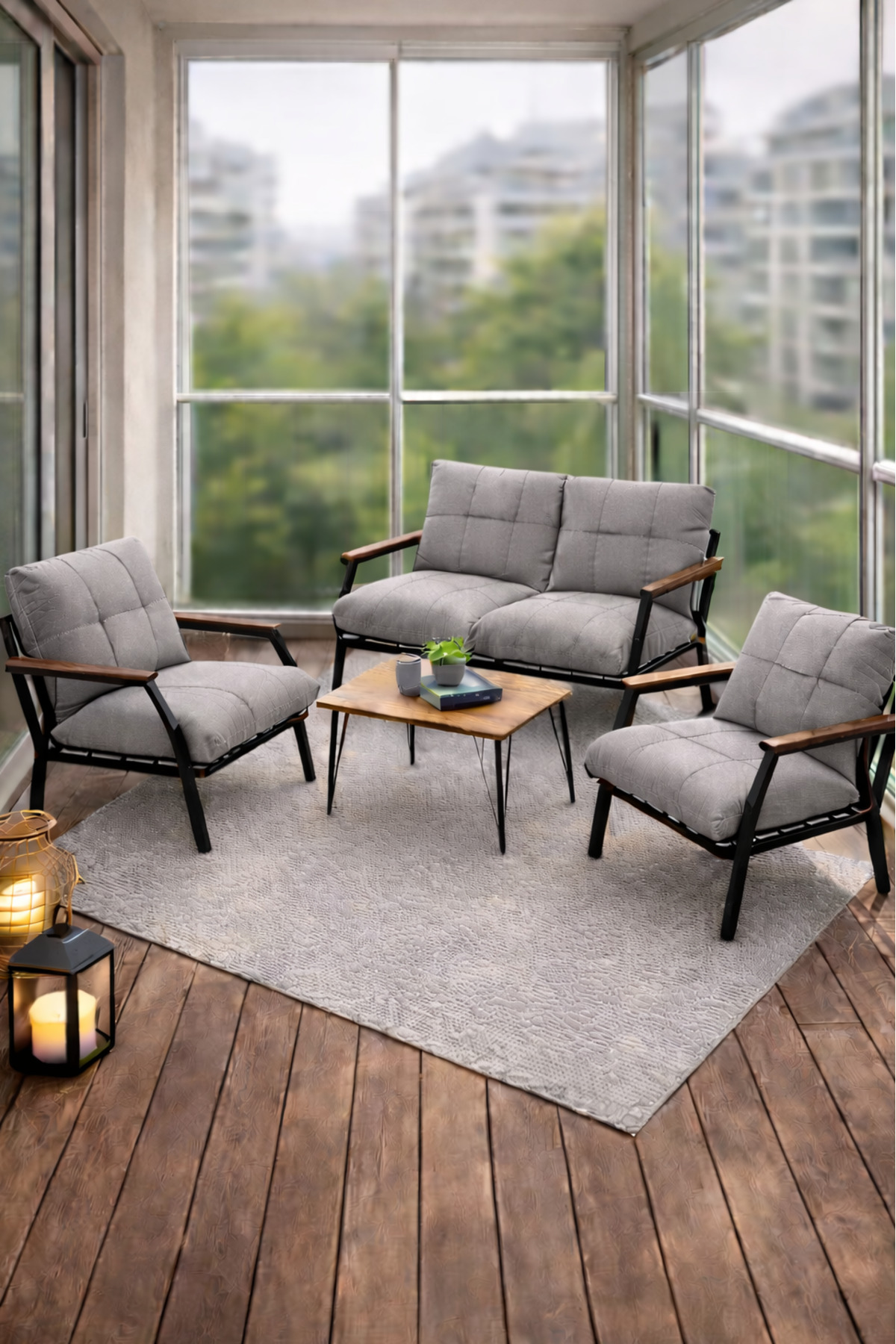 Light Gray Zippered Garden Balcony Set with Coffee Table, Cafe, Living Room - Metal Sofa Seat Set