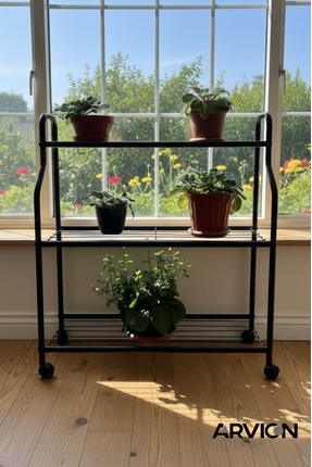 ARVİONHOME Siyah 3 Katlı Metal Tekerlekli Mutfak Ve Saksılık Raflı