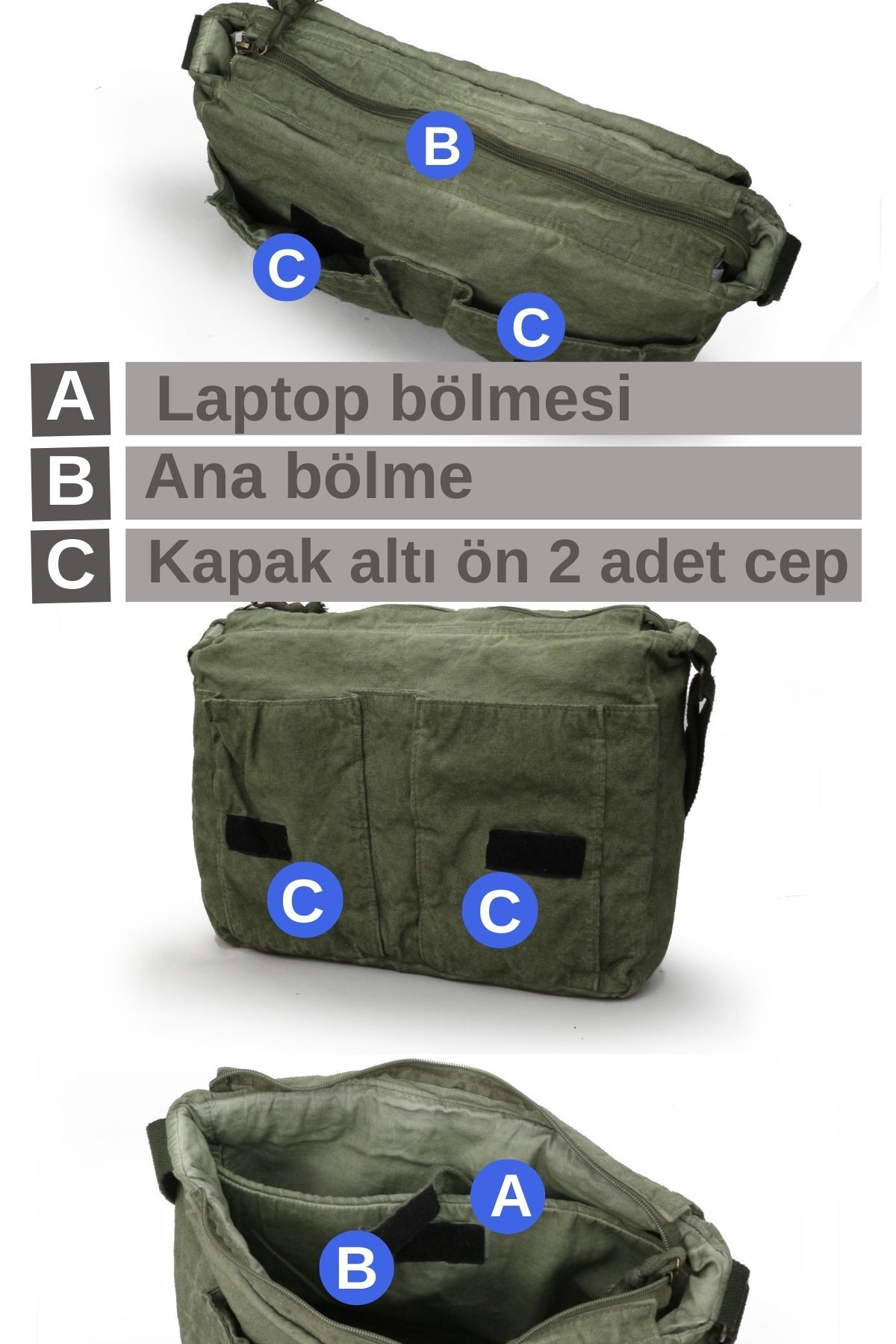 Cappadocia Vintage 4028 Haki Yeşil Salaş Omuz Çantası Kanvas Postacı 15.6 inç Laptop Okul Seyahat Günlük Vintage Retro görsel 3