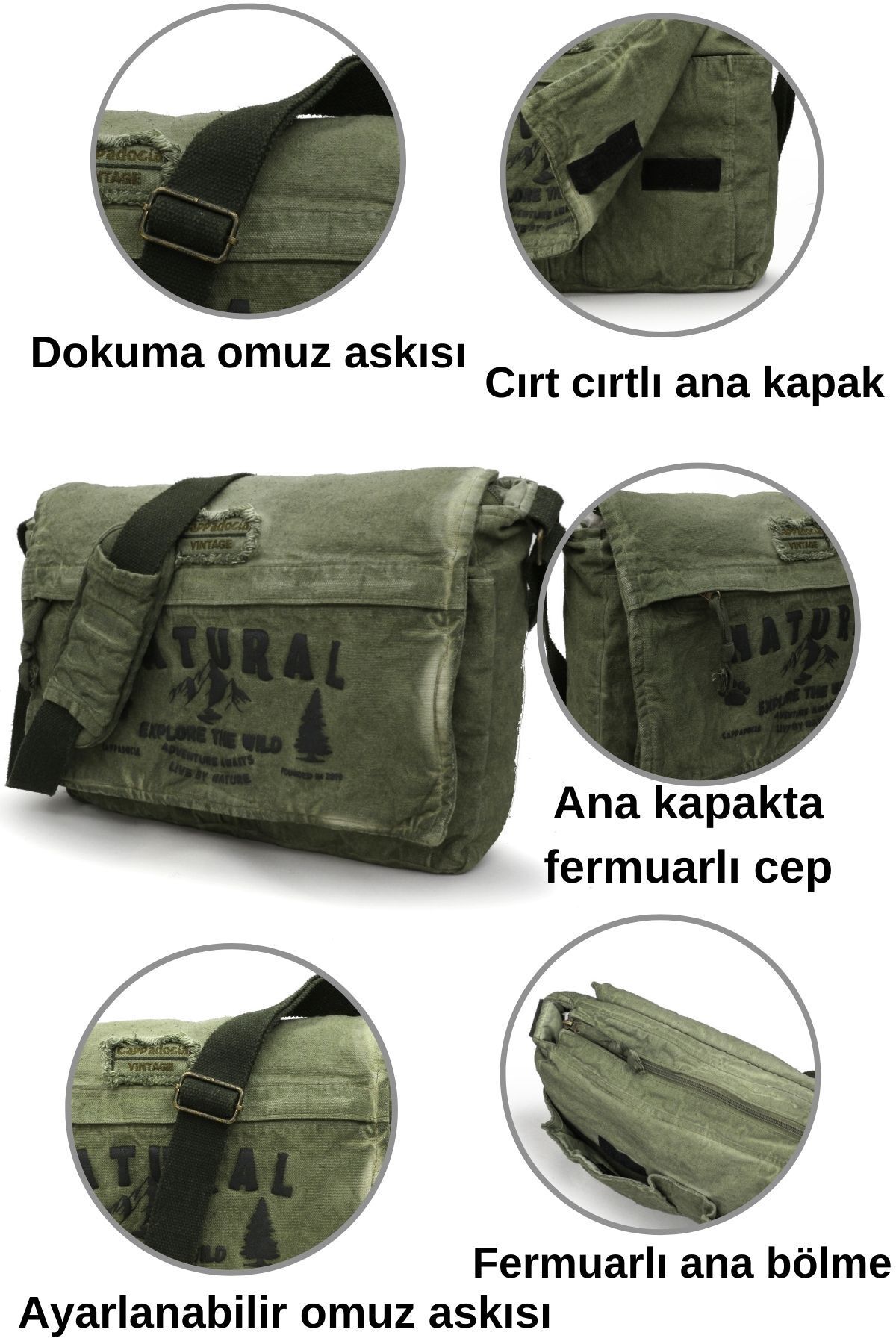 Cappadocia Vintage 4028 Haki Yeşil Salaş Omuz Çantası Kanvas Postacı 15.6 inç Laptop Okul Seyahat Günlük Vintage Retro görsel 6