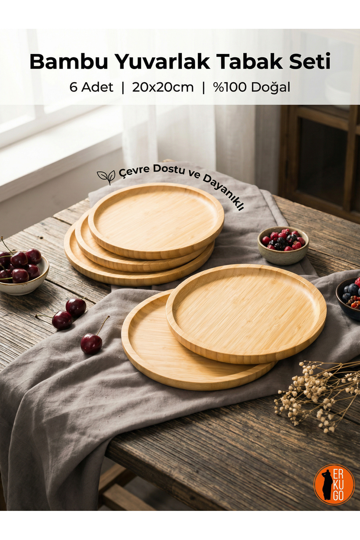 6 Pieces Bamboo Round Serving Plates, Serving Set (20x20 cm)