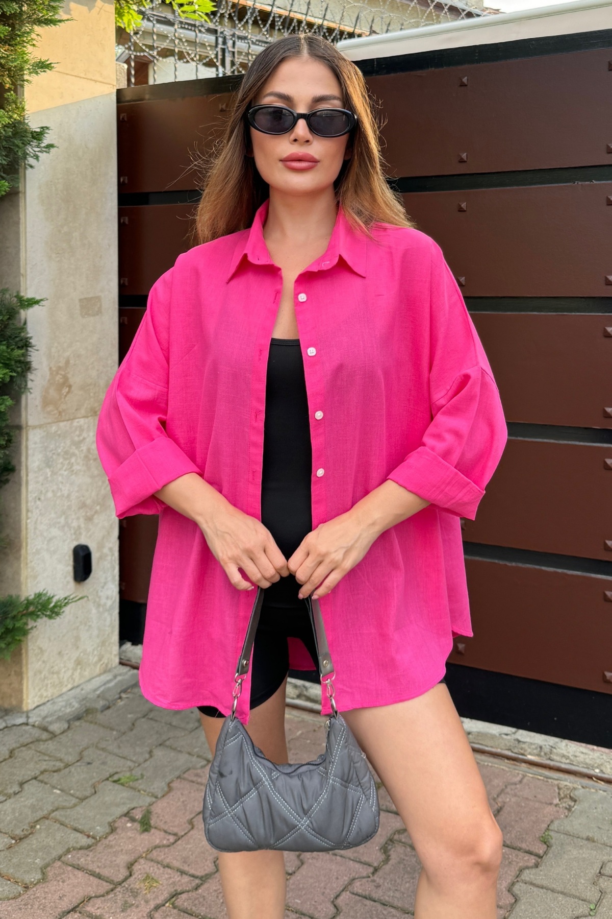 bb butik basic Oversize Keten Dokulu %100 Pamuk Tek Cepli Salaş Gömlek BB-KU3435