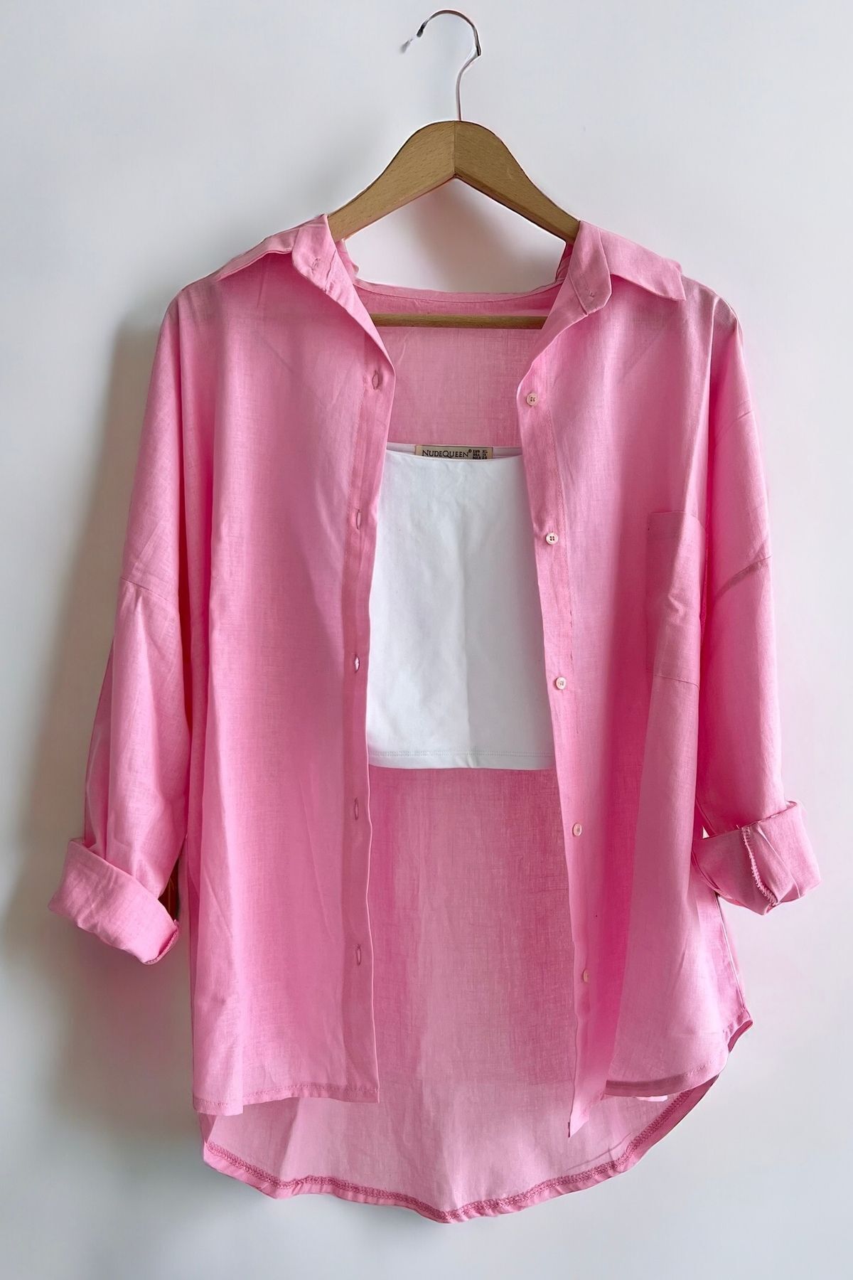 bb butik basic  Oversize Keten Dokulu %100 Pamuk Tek Cepli Salaş Gömlek BB-KU3435 - Görsel 6