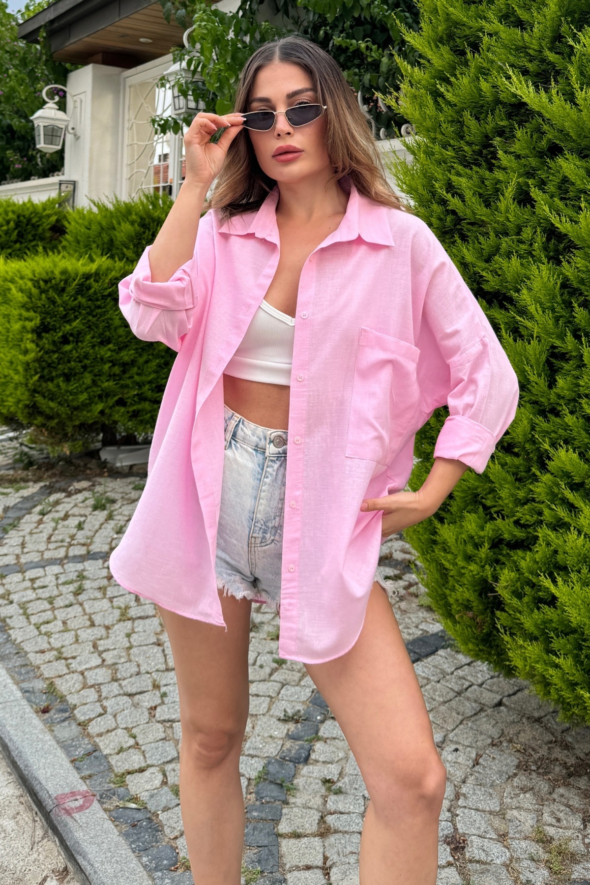 bb butik basic  Oversize Keten Dokulu %100 Pamuk Tek Cepli Salaş Gömlek BB-KU3435 - Görsel 4