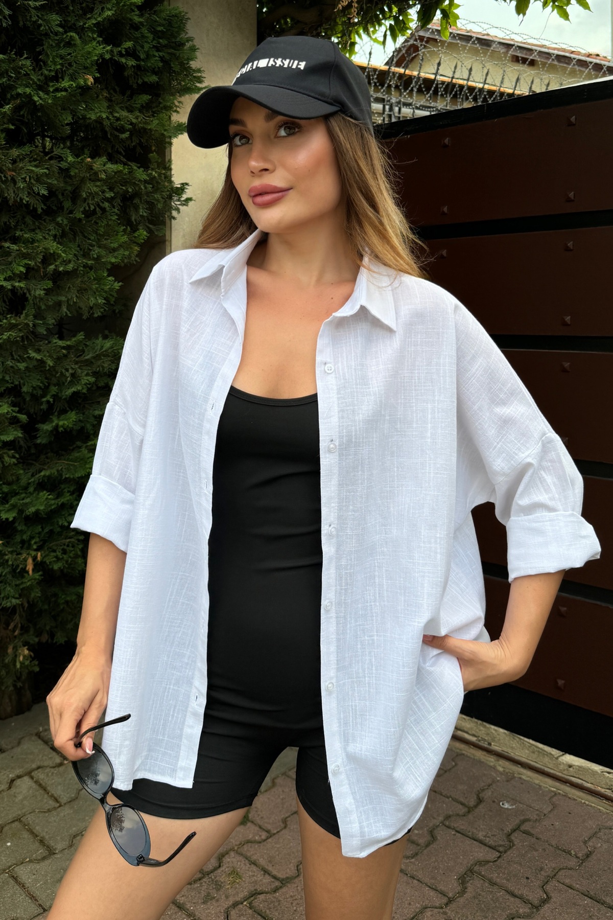 bb butik basic  Oversize Keten Dokulu %100 Pamuk Salaş Beyaz Gömlek Bb-ku3435 - Görsel 3