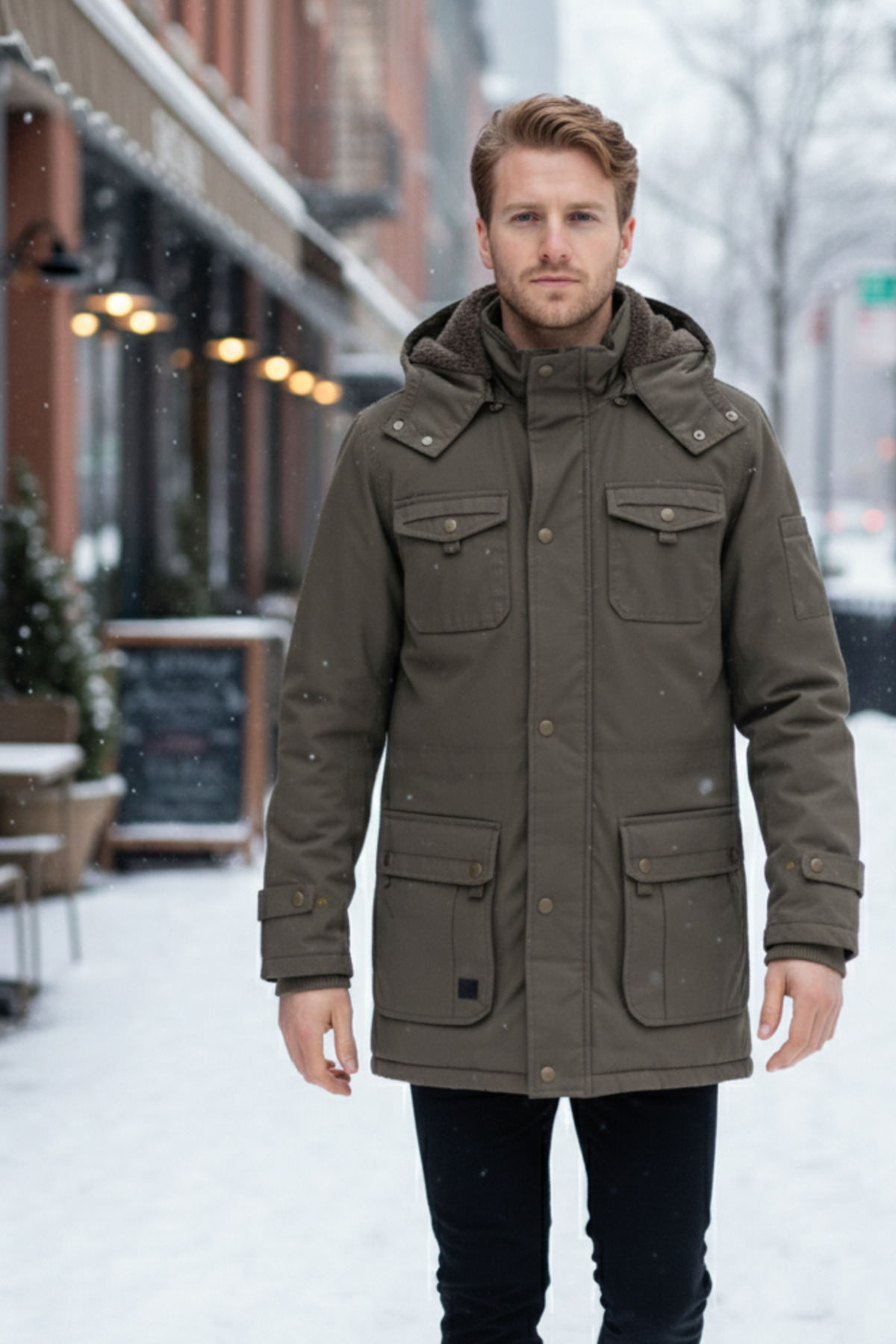 Dynamo  Erkek Haki Kapüşonlu Kürk Astarlı Su Geçirmez Kaplamalı Kalın Kaban 2485 - Görsel 4