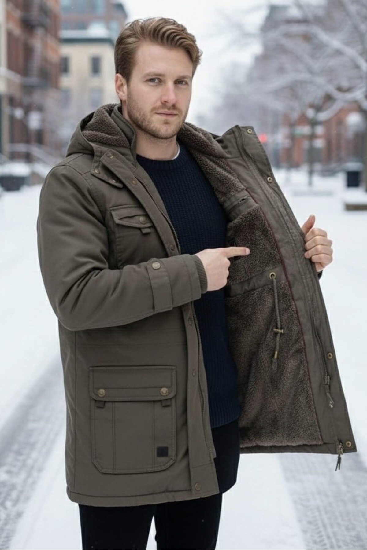 Dynamo  Erkek Haki Kapüşonlu Kürk Astarlı Su Geçirmez Kaplamalı Kalın Kaban 2485 - Görsel 2