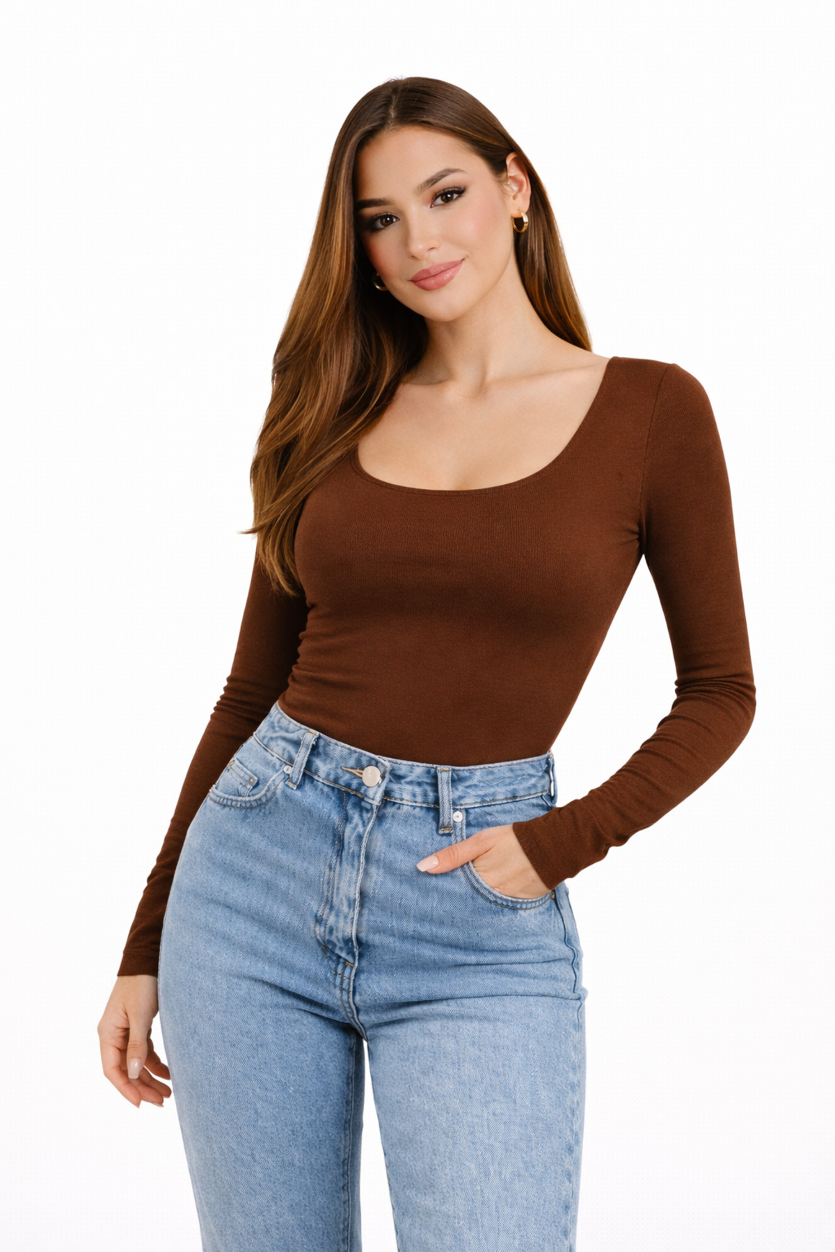 Women's Brown Square Neck Front Double Layer Polyemide Bodysuit KRY7778
