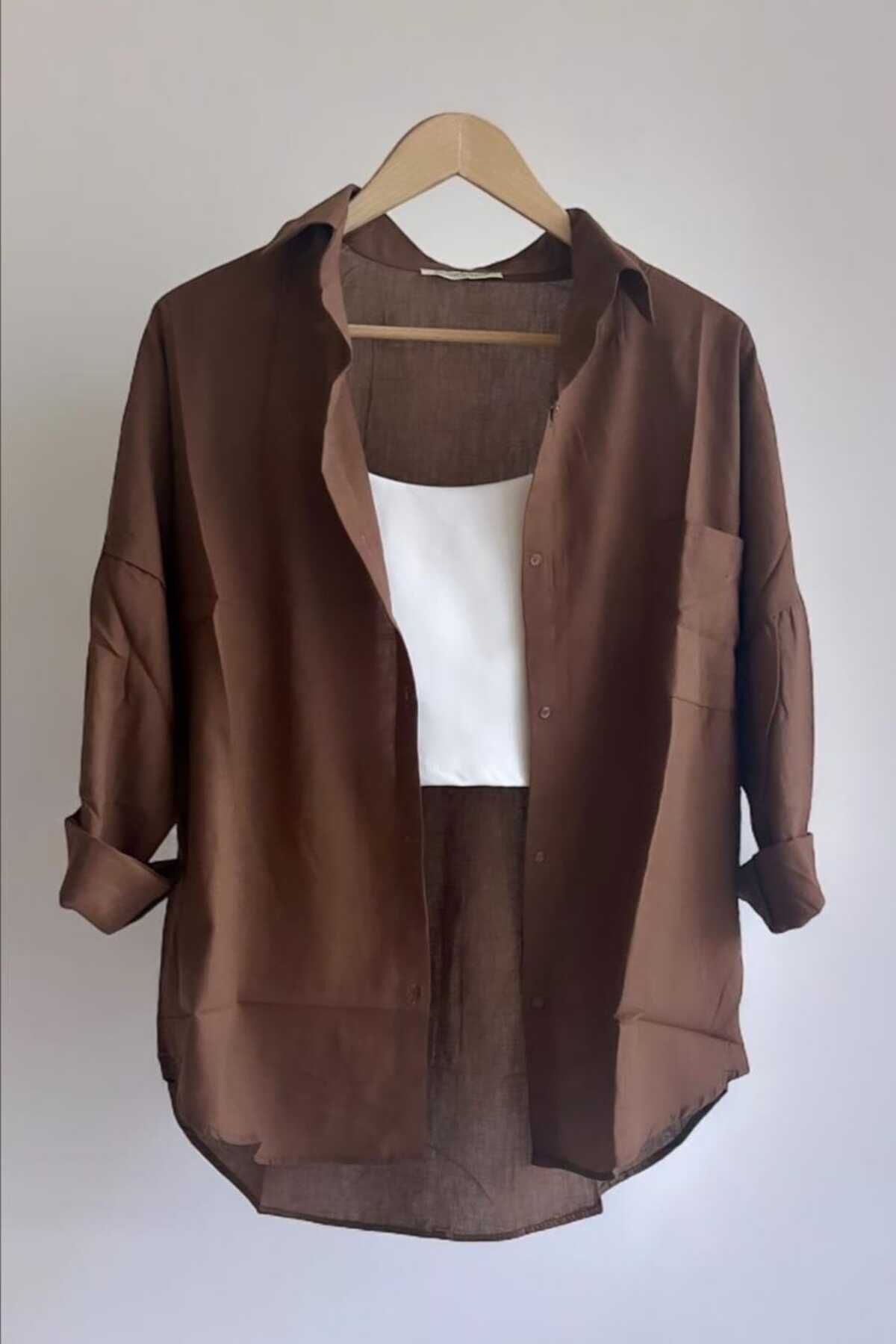 bb butik basic  Oversize Keten Dokulu %100 Pamuk Tek Cepli Salaş Kahverengi Gömlek BB-KU3435 - Görsel 5