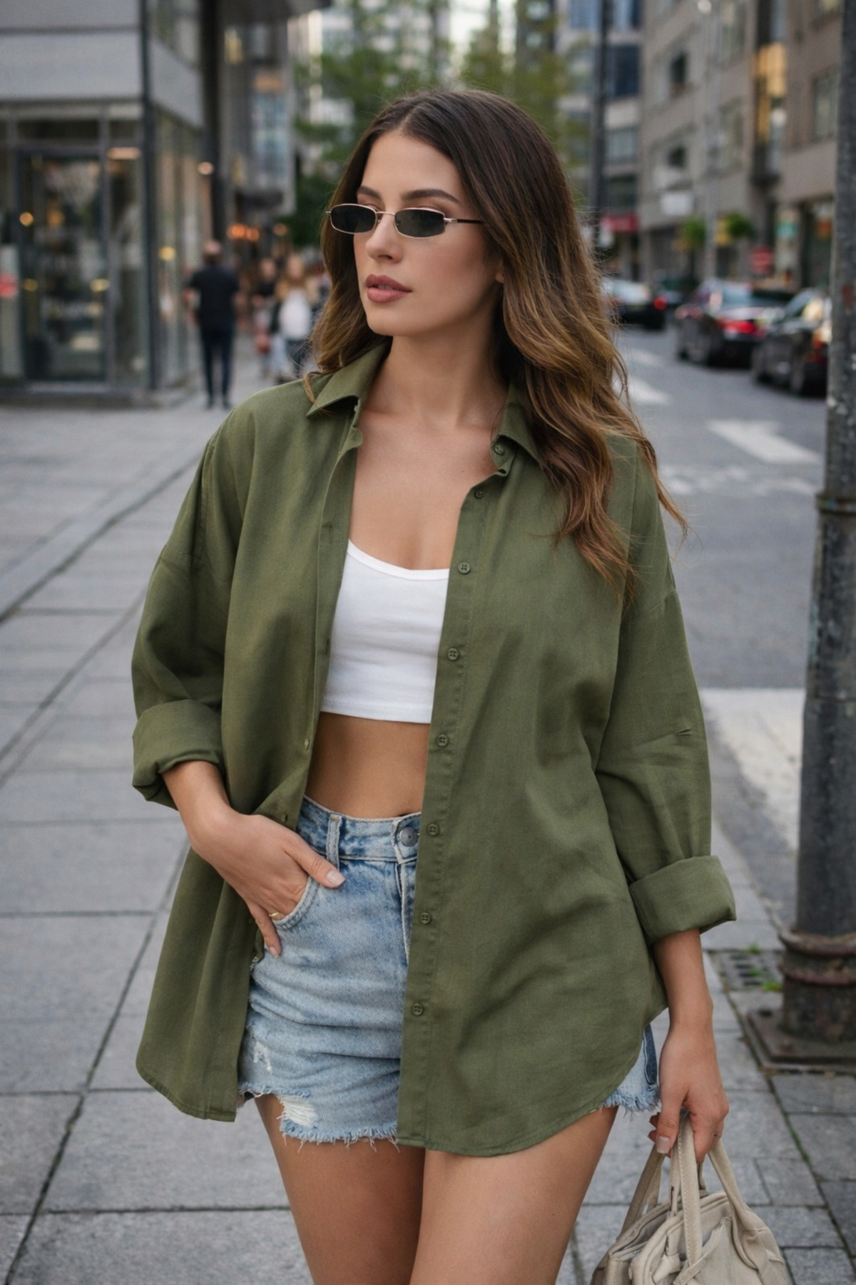 bb butik basic  Oversize Keten Dokulu %100 Pamuk Tek Cepli Salaş Haki Yeşil Gömlek BB-KU3435