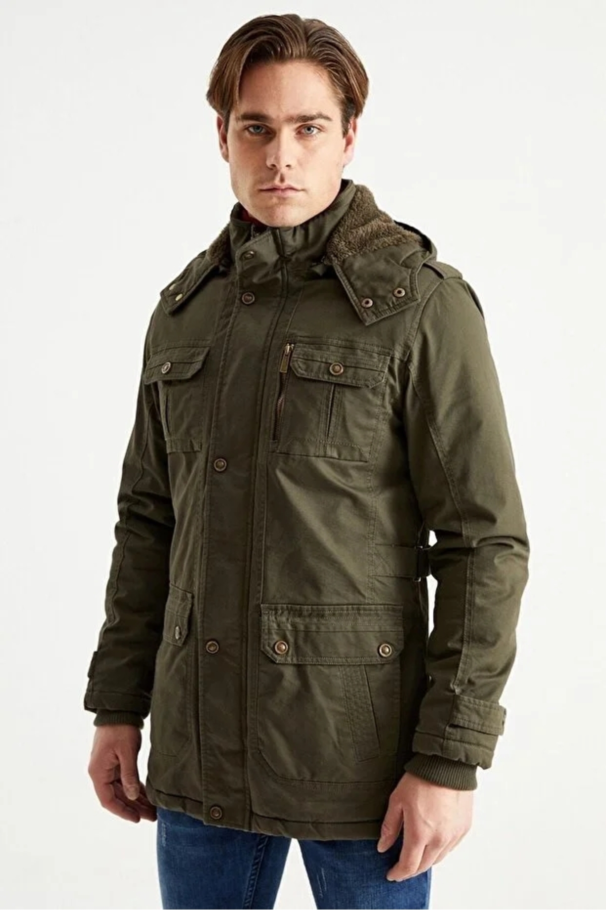 Dynamo  Erkek Askeri Yeşil Kapüşonlu Kürk Astarlı Su Geçirmez Kaplamalı Kalın Kaban - Görsel 6