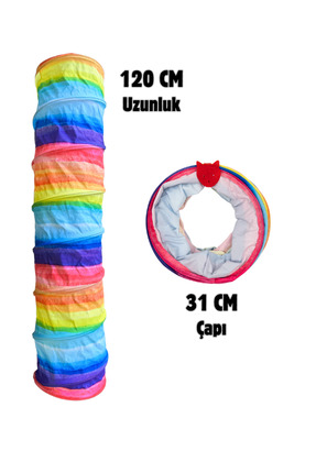 Miyav Gökkuşağı Desenli Kedi Oyun Tüneli 120 CM Katlanabilir Dayanıklı ve Kol...