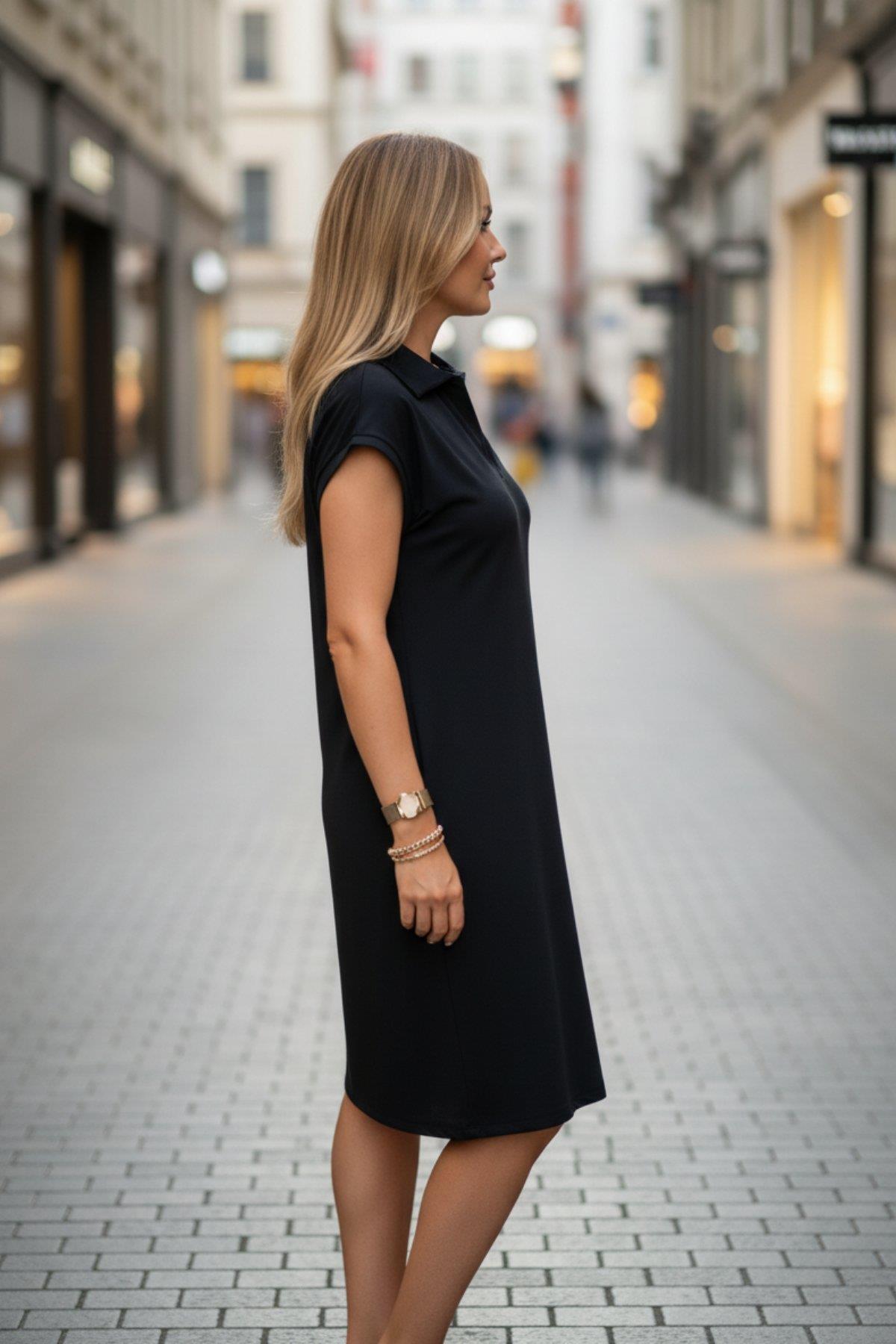 Mossta  Polo Yaka Cep Detaylı Viskon Elbise Siyah - Görsel 5