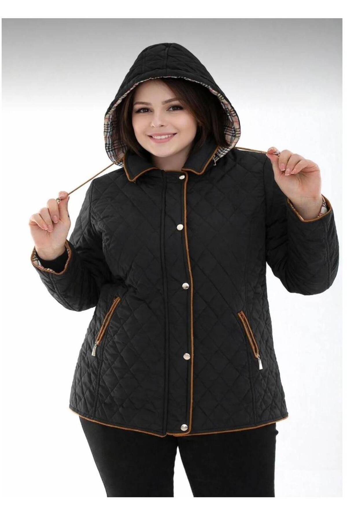 TUTveAL Collection  Baharlık Ekoseli Kapitone Mont Kapüşonlu Siyah Kapitone Mont Büyük Beden Mont Suya Dayanıklı - Görsel 4