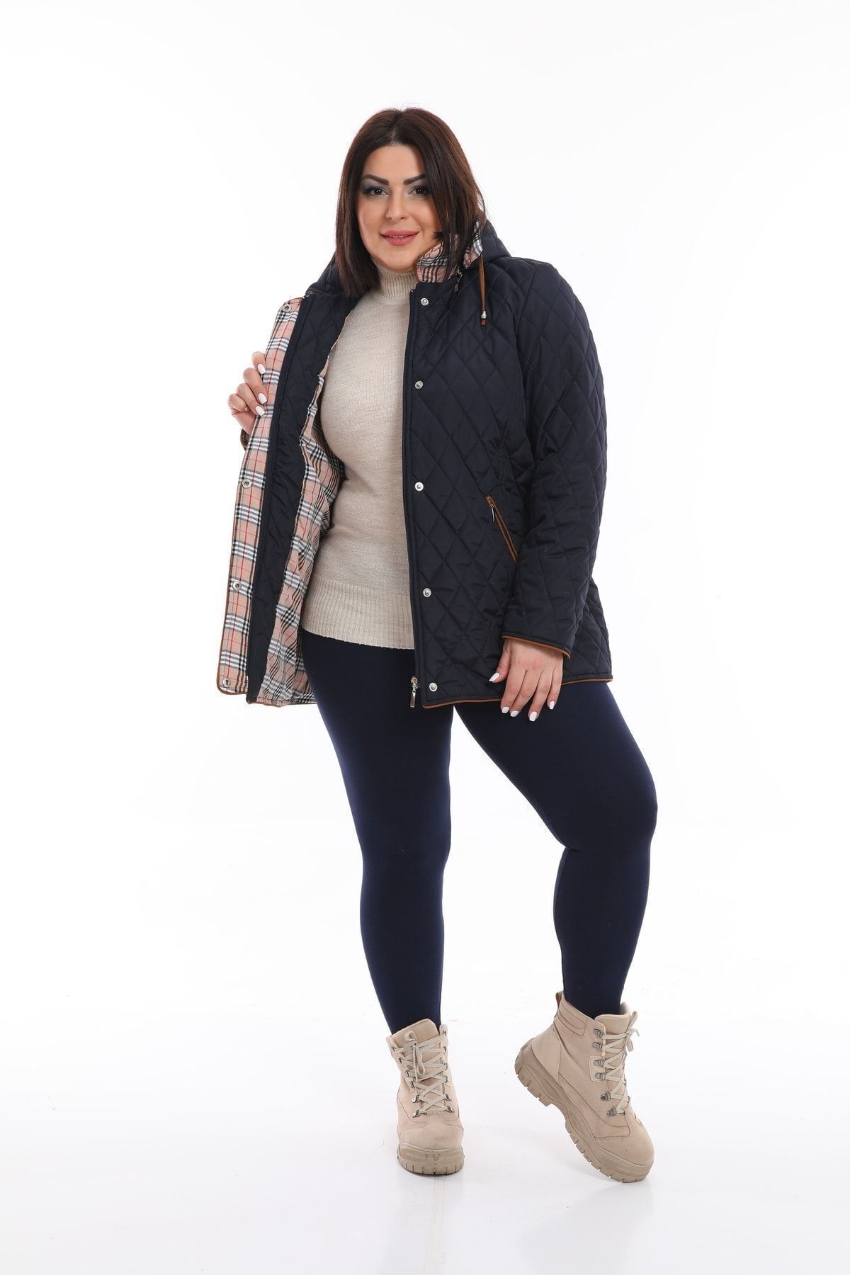 Spring Plaid Quilted Coat Hooded Coat Plus Size Quilted Coat Waterproof