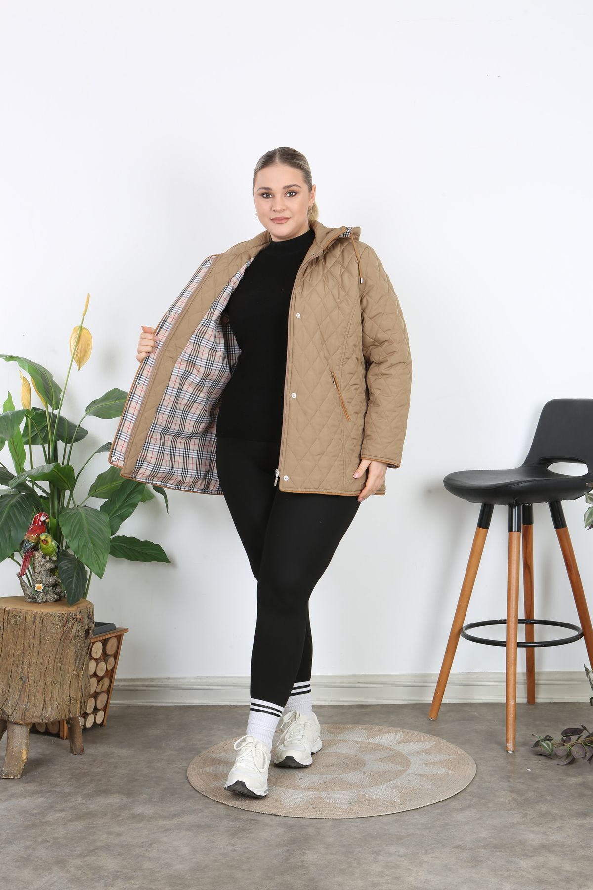 Spring Plaid, Quilted Coat, Hooded Coat, Plus Size, water REPELLENT, PIPED, MINK
