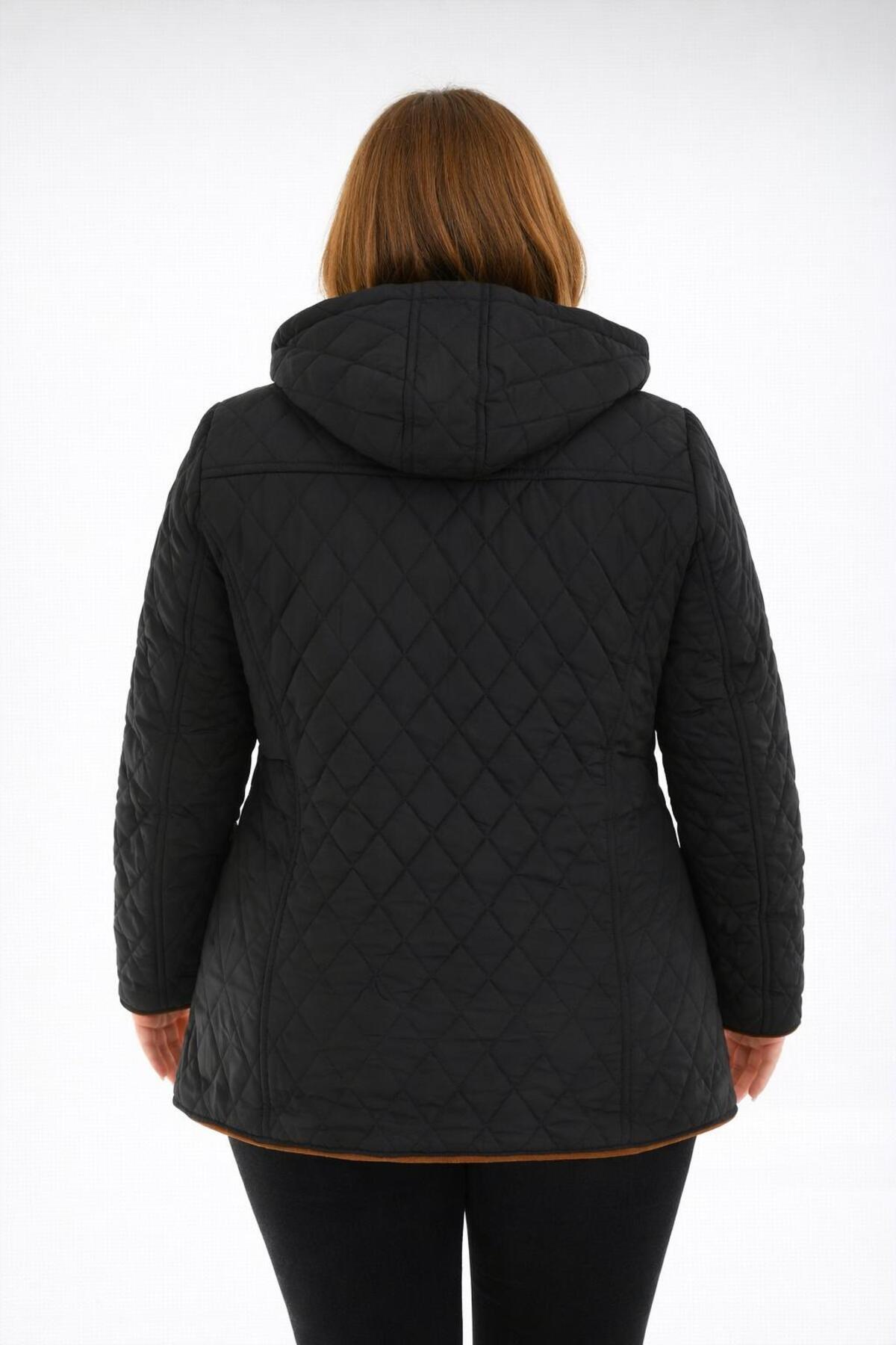 TUTveAL Collection  Baharlık Ekoseli Kapitone Mont Kapüşonlu Siyah Kapitone Mont Büyük Beden Mont Suya Dayanıklı - Görsel 9