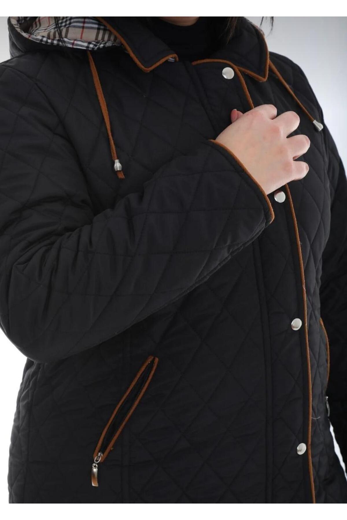 TUTveAL Collection  Baharlık Ekoseli Kapitone Mont Kapüşonlu Siyah Kapitone Mont Büyük Beden Mont Suya Dayanıklı - Görsel 5