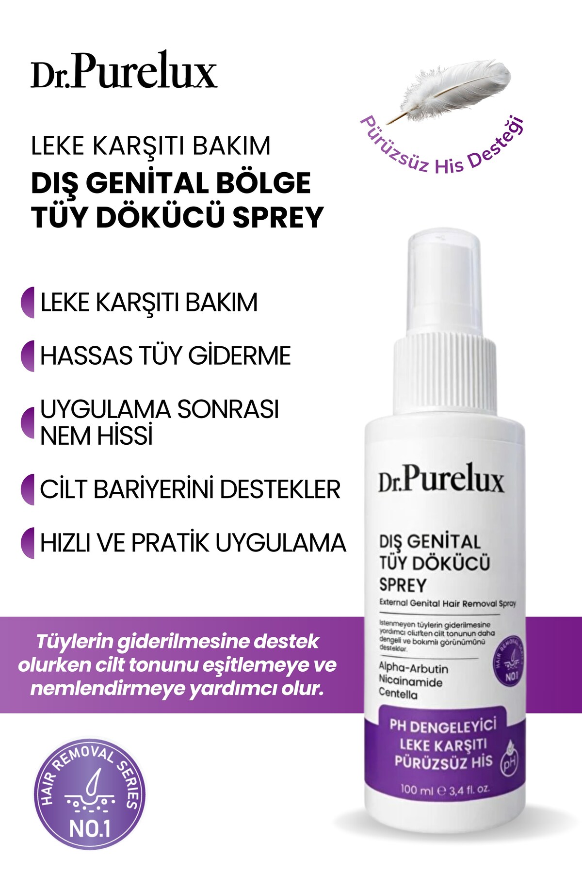 Dr.Pure Lux Cosmetic Leke Karşıtı Hassas Bölgelere Uygun Tüy Dökücü Sprey I Pürüzsüz & Cilt Tonu Eşitlemeye Yardımcı100ml — tüyno1