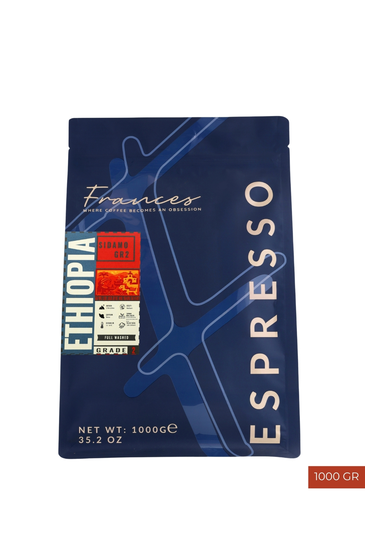 FRANCES %100 Arabica Ethiopia Sidamo GR2 Espresso | Orta-Koyu Kavrum | 1000 GR | Orta Gövde,Dolgun Tat