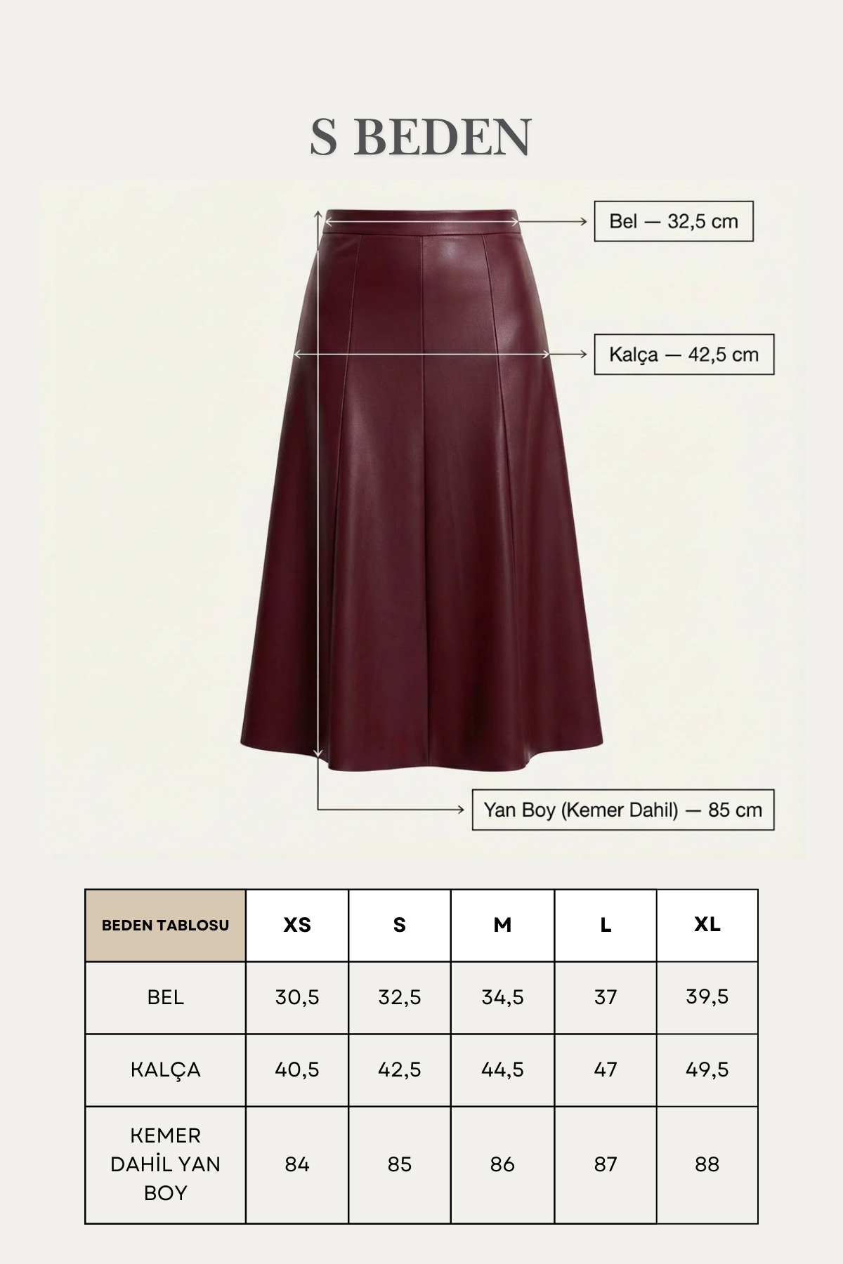 Grenj Fashion Bordo Suni Deri Yüksek Bel Maxi Etek görsel 5