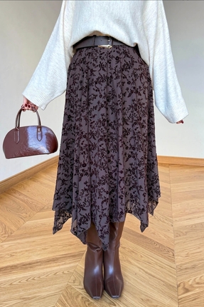 UZER kahverengi Flok Baskılı Asimetrik Kesim astarlı yeni sezon midi boy etek