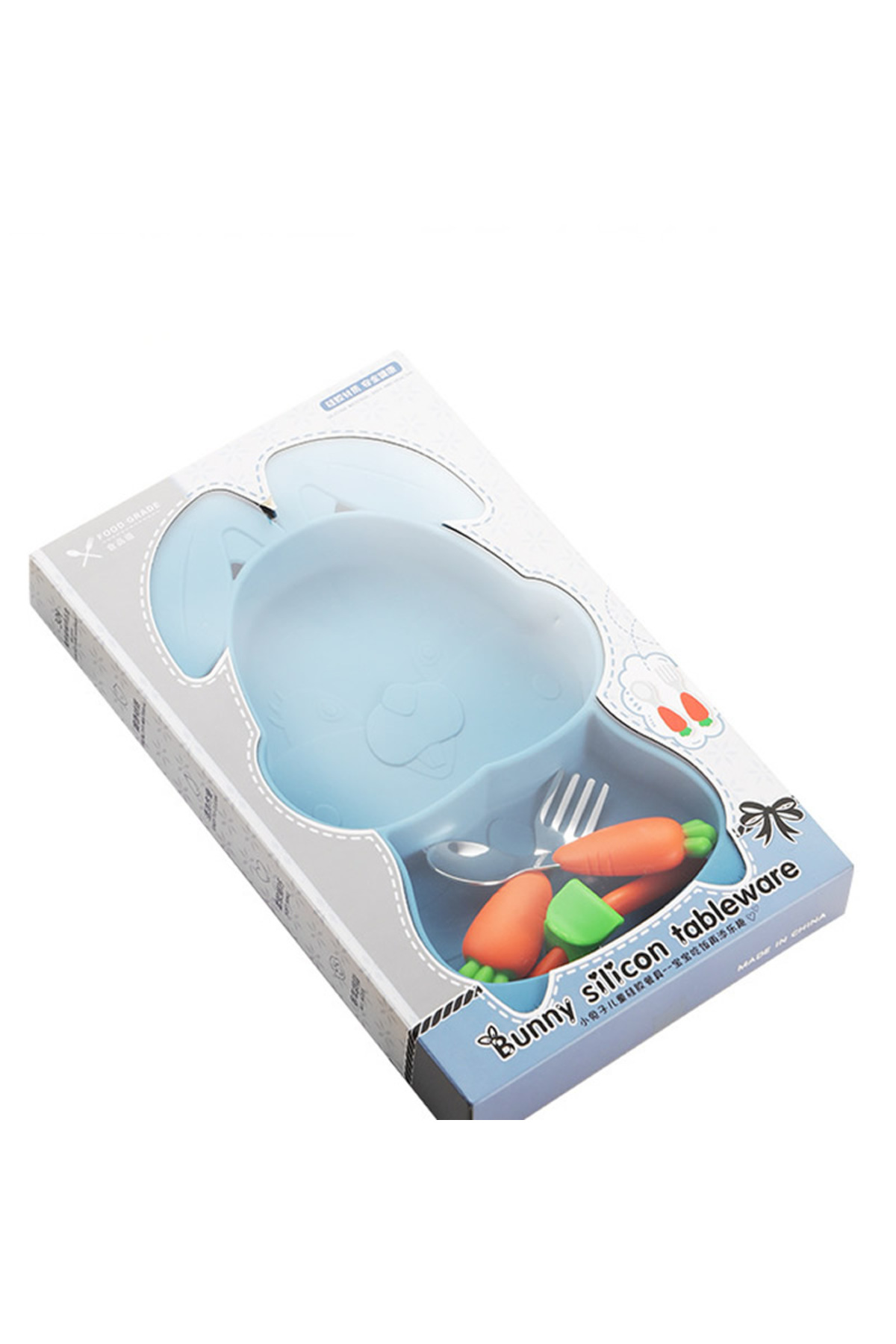 jojobebek Gri Vakumlu Silikon Mama Tabağı, Silikon Saplı Metal Uçlu Çatal Ve Kaşık ( Tavşan Figürlü ) fotoğrafı 2 (önizleme)
