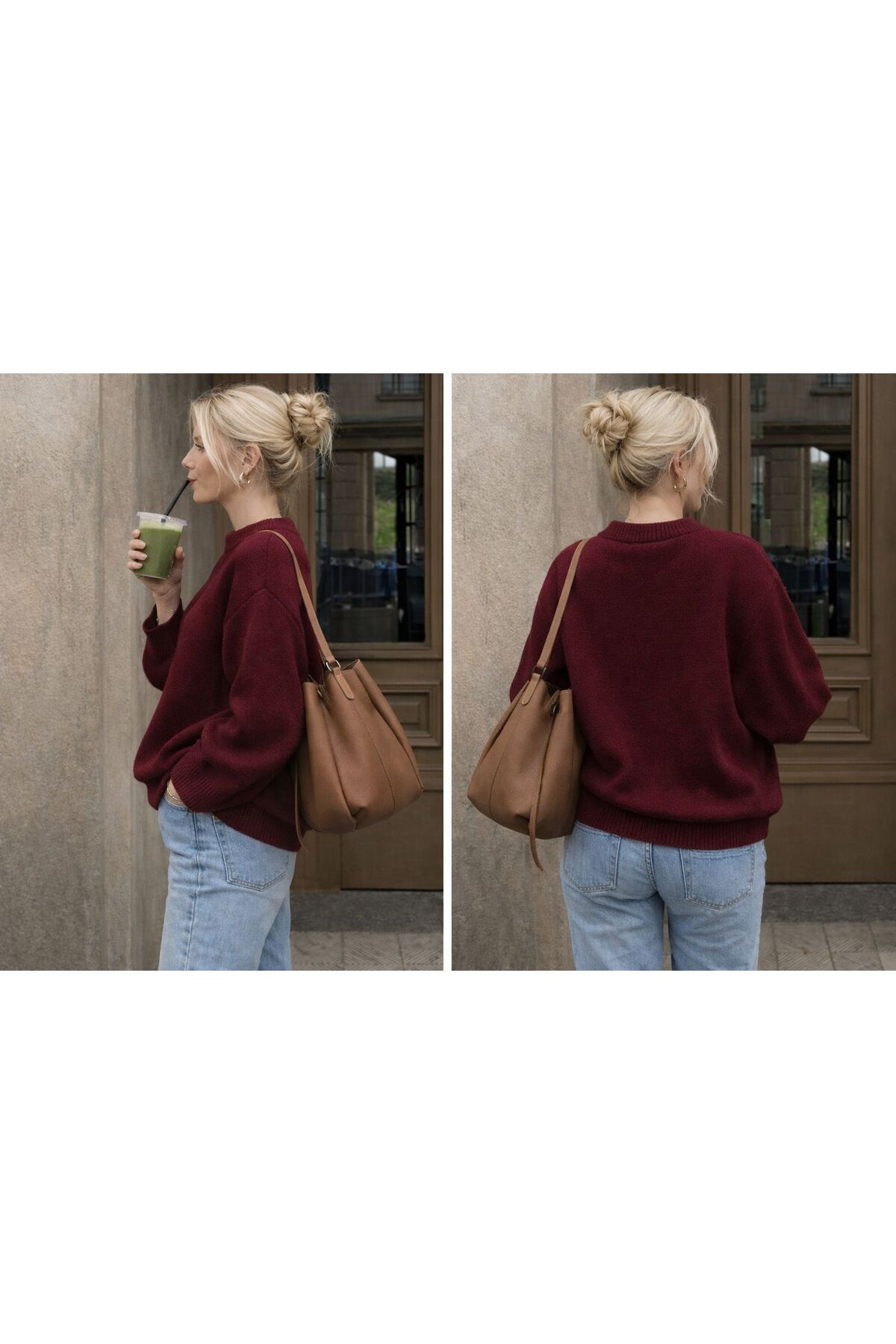 DTBUTİK  Bordo Bisiklet Yaka Oversize Triko Kadın Kazak - Görsel 2