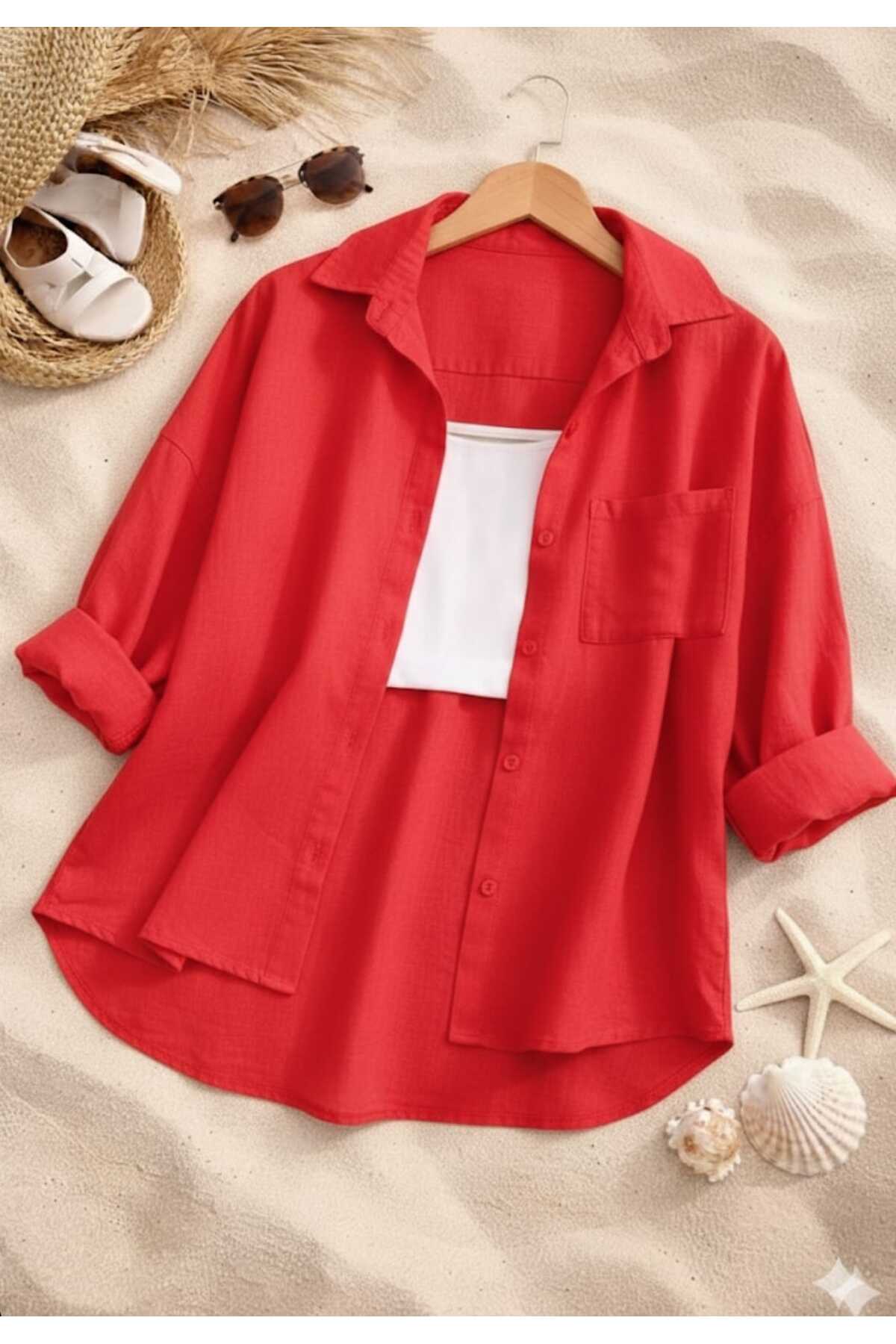 blackbonds  Kadın Keten kırmızı Gömlek Yazlık Oversize Gömlek Yeni Sezon