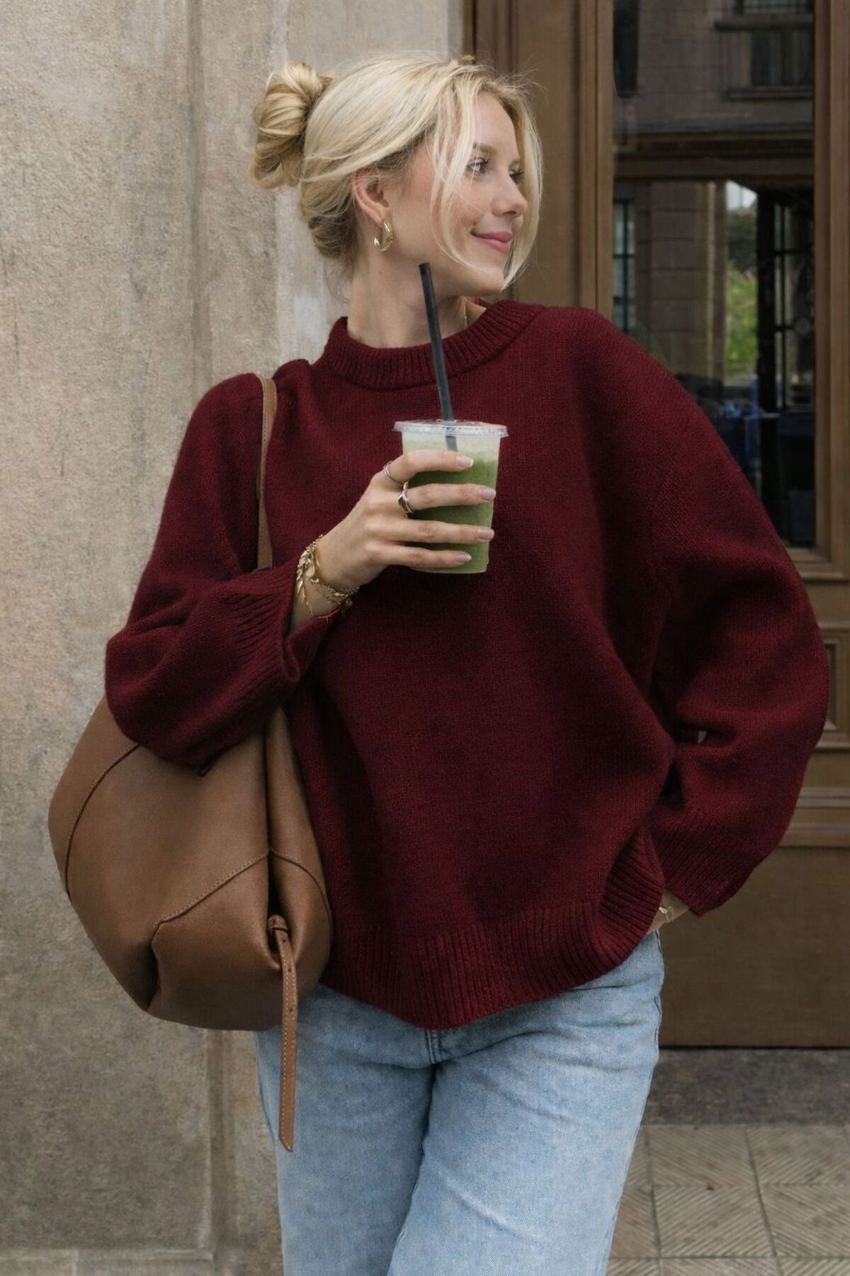 DTBUTİK  Bordo Bisiklet Yaka Oversize Triko Kadın Kazak