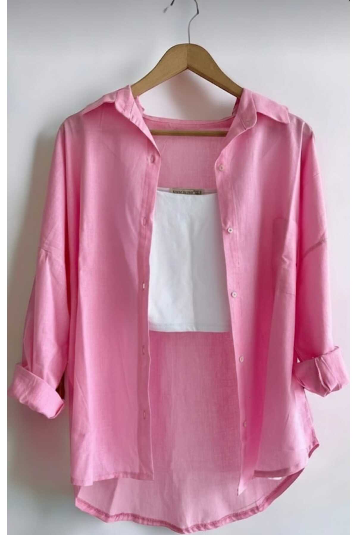 blackbonds Kadın açık pembe Keten Gömlek Yazlık Oversize Gömlek Yeni Sezon