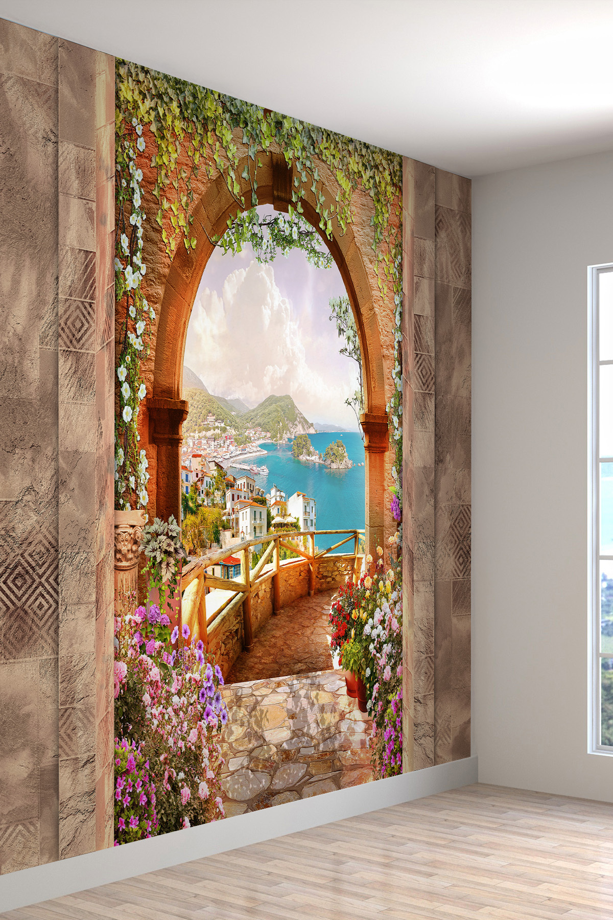 Healthy Textile Wallpaper with City and Sea View Terrace Pattern