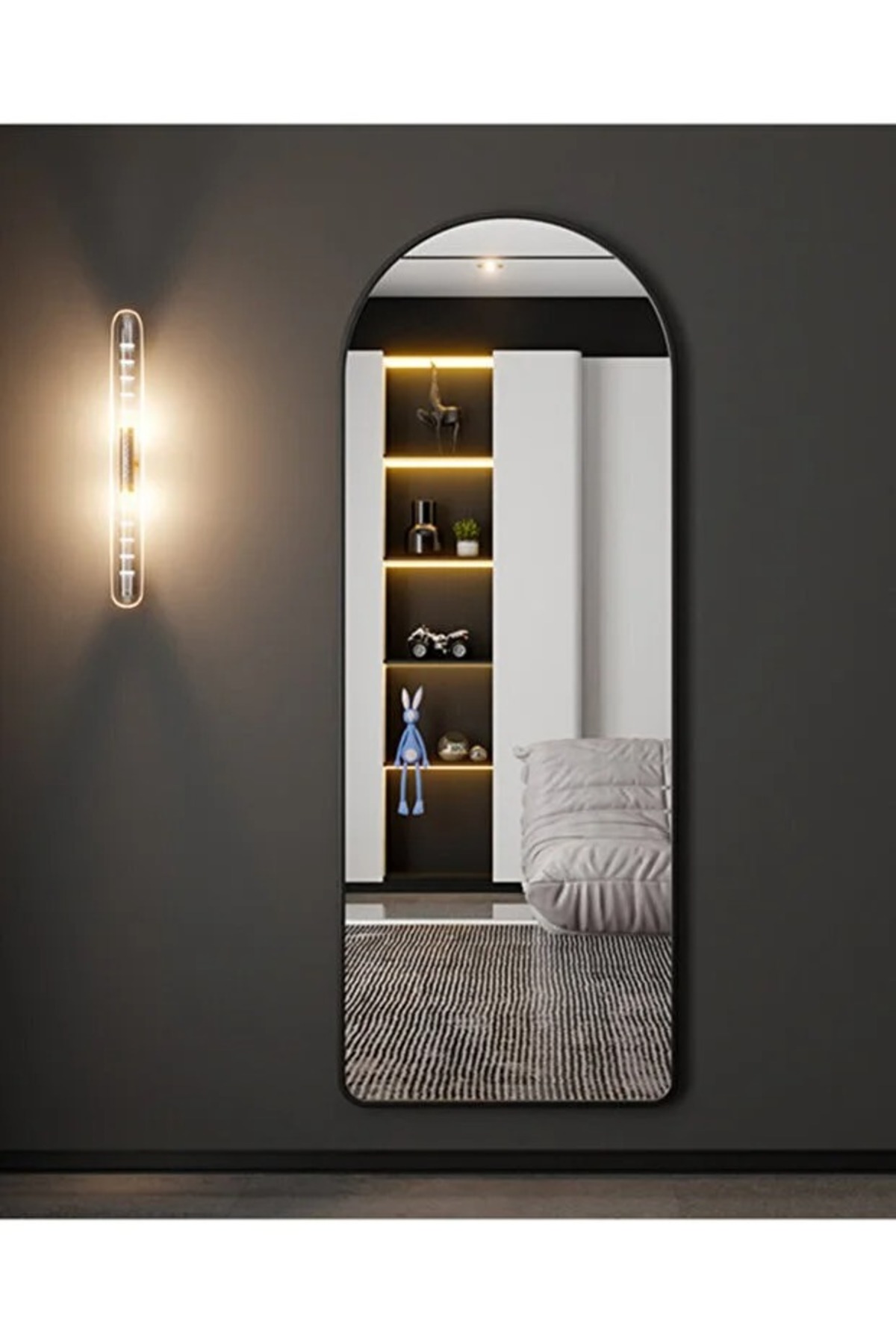 مرآة كاملة الطول المقاس {80x180سم} مع حامل مقوس، مرآة أرضية، مرآة حائط، معلقة/مائلة | أسود