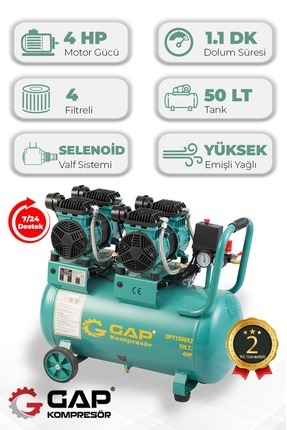 GAP KOMPRESÖR Hava Kompresörü Yüksek Emişli Yağsız Teknoloji 50lt Gpy1500x2