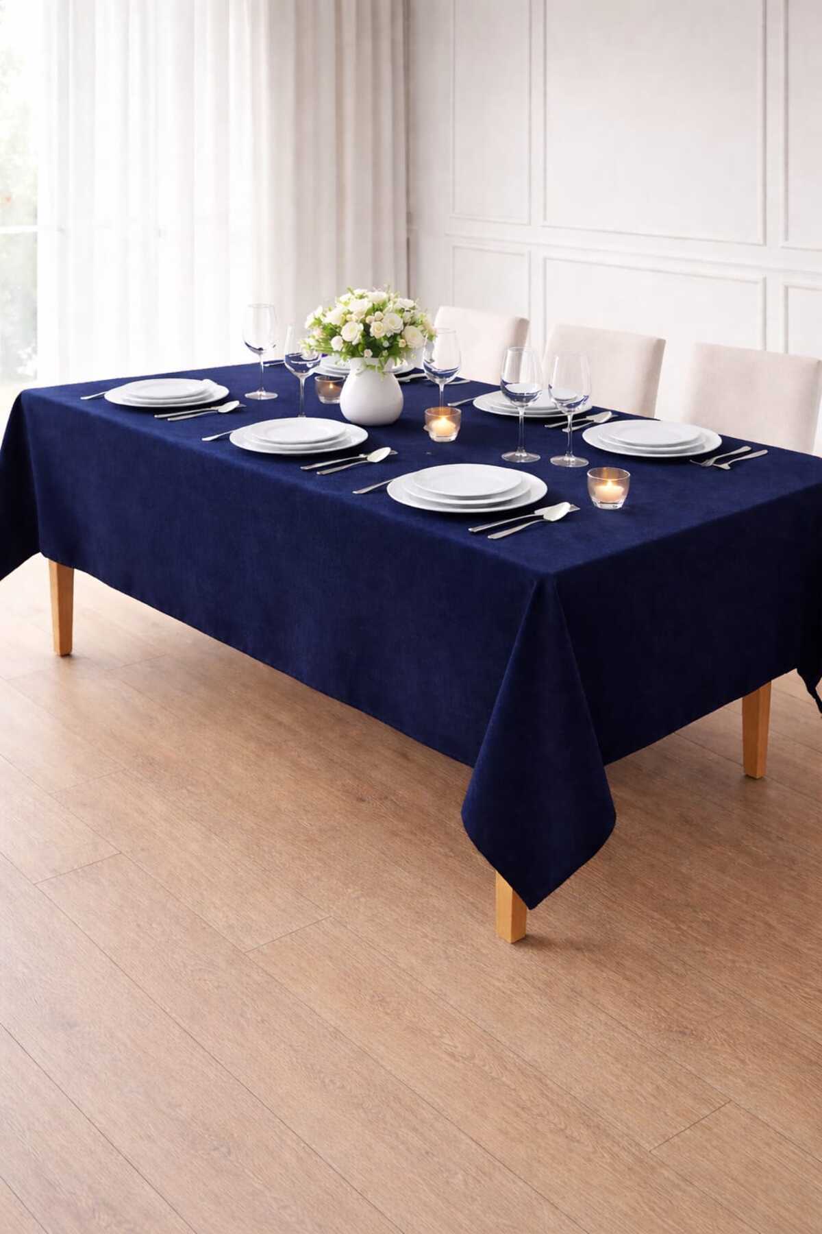 Velvet Textured Dark Navy Blue Color Tablecloth