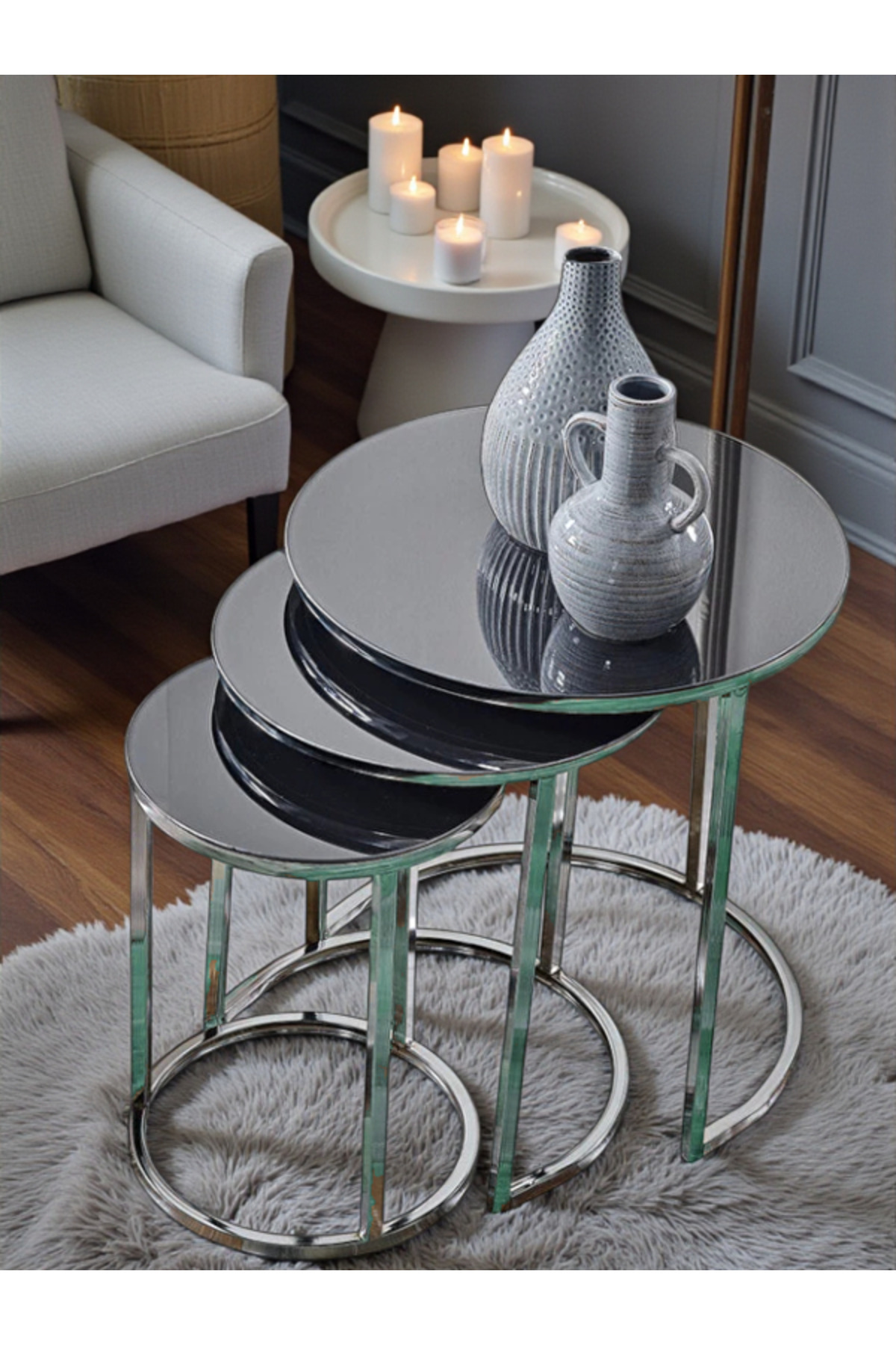 Füme Aynalı Gümüş(Gri,Nikel) Ayak Metal ayaklı ZİGON SEHPA zigon-sedaş-lüx