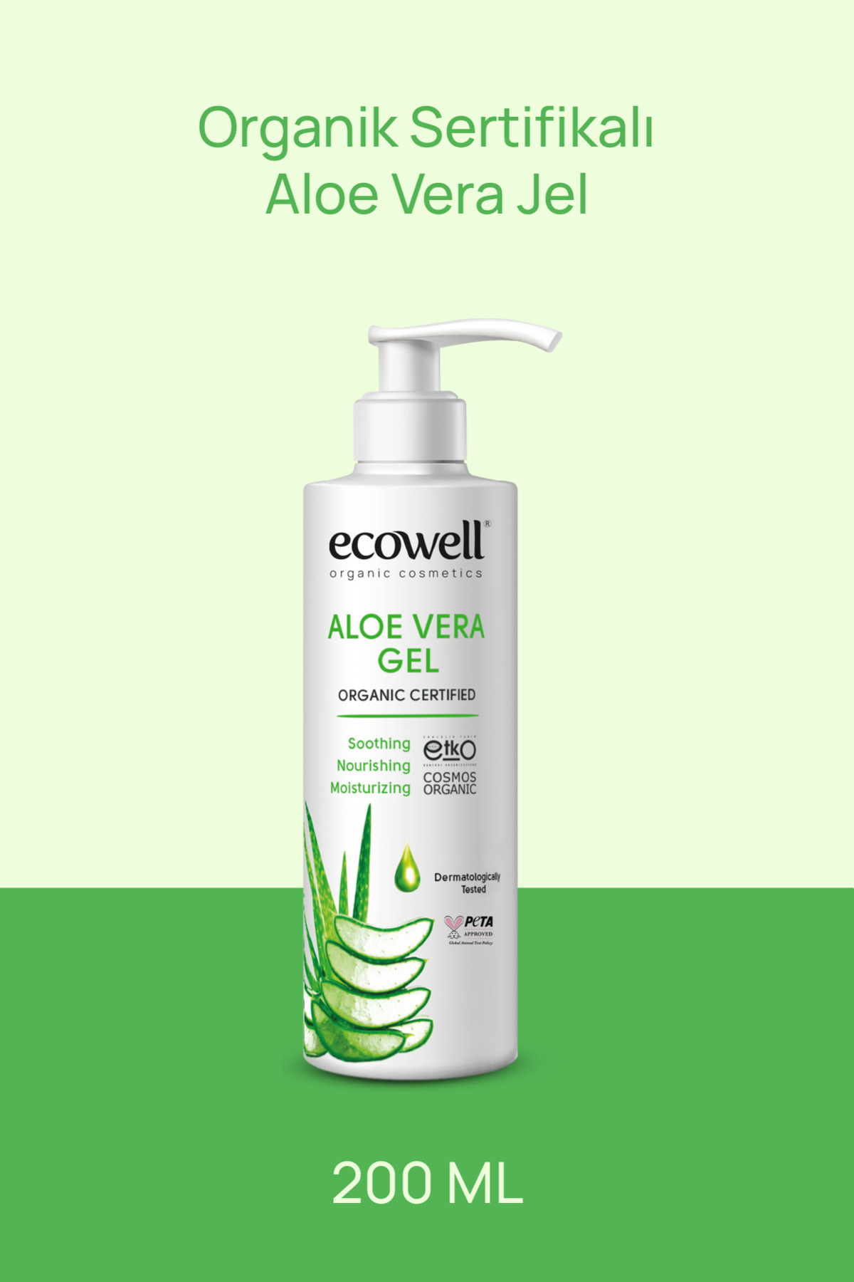 Ecowell Organik Aloe Vera Jel, Vegan Sertifikalı, Güneş Sonrası Yatıştırıcı Nemlendirici Rahatlatıcı 200ml — K-ECO-3422