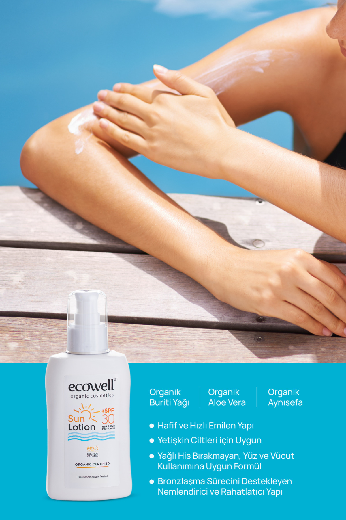Ecowell Organik Güneş Losyonu, 30 Spf, Vegan Sertifikalı, Mineral Filtre Yüz Ve Vücut, Uva Uvb Koruma 150 ml fotoğrafı 2 (önizleme)