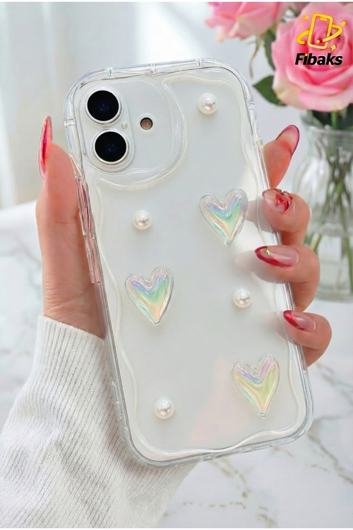 iPhone 16 Case Transparent Silicone Cover with 3D Heart and Pearl Design Patterned Camera Protection