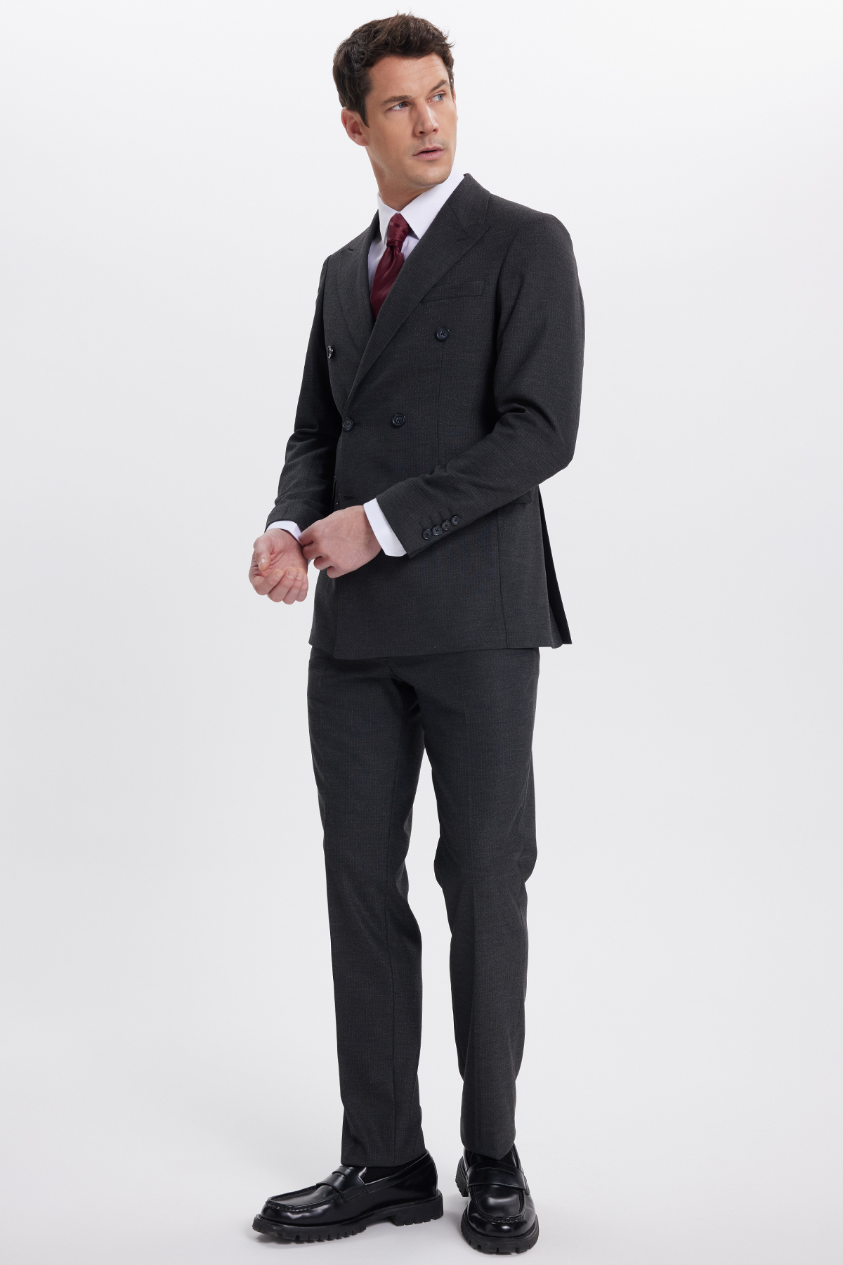 Tudors Erkek Slim Fit Sivri Yaka Çizgili Kapaklı Cepli Antrasit Takım Elbise