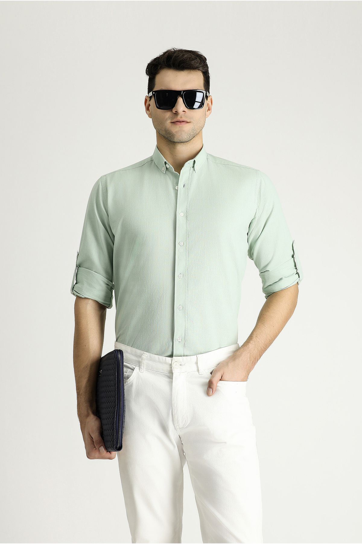 Kiğılı  Uzun Kol Rahat Kesim Düğmeli Yaka Pamuk Nefes Alabilen Keten Görünümlü Gömlek