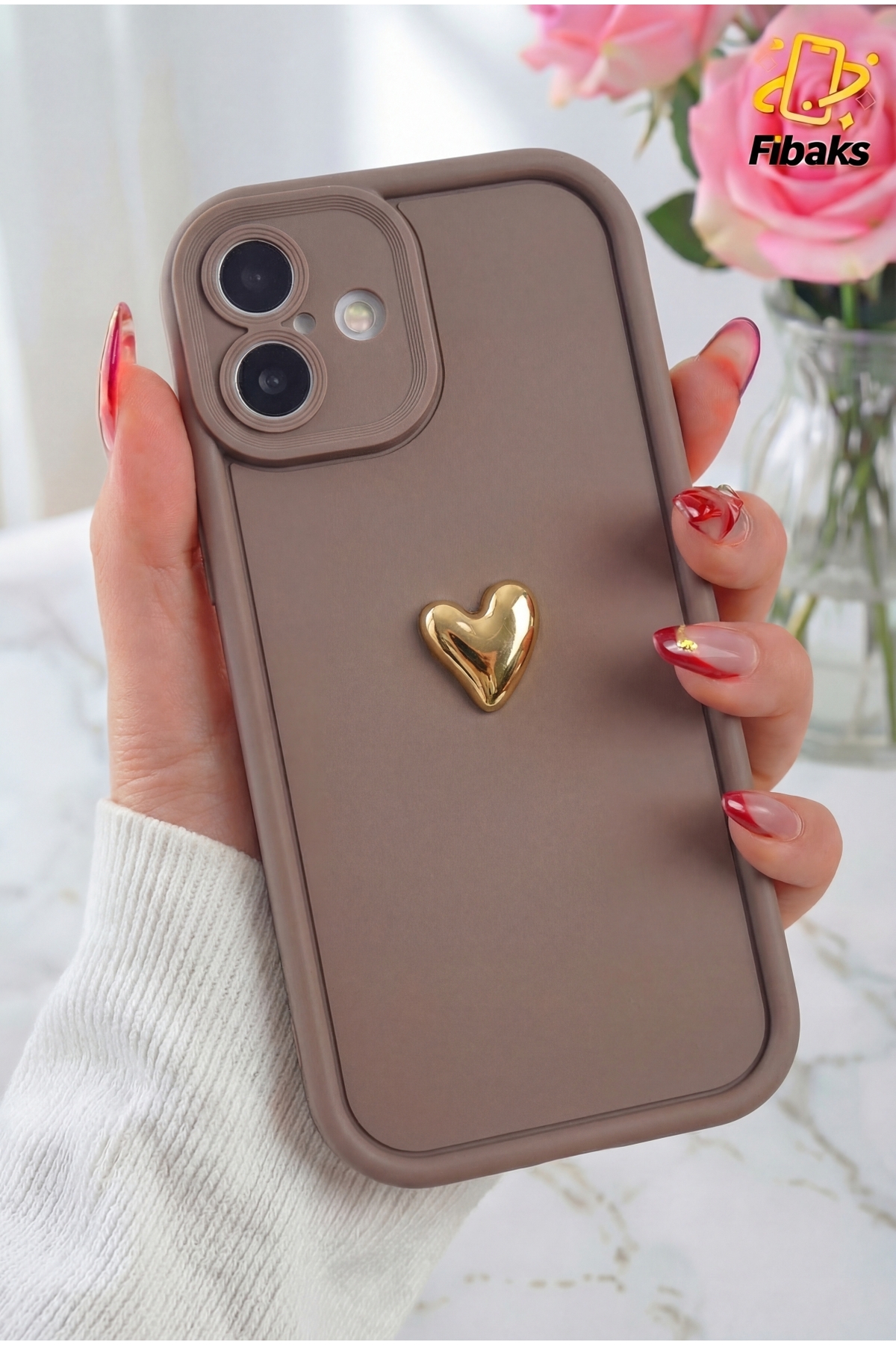 iPhone 16 Case Brown Pattern Soft Camera Protected Silicone Cover with 3D Heart Design
